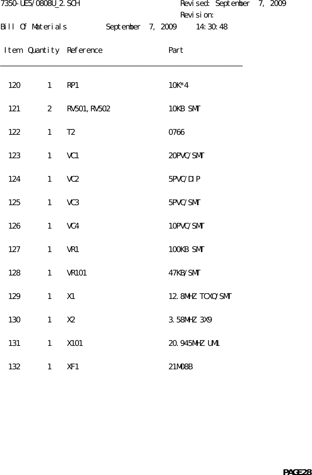 7350-UE5/0808U_2.SCH                          Revised: September  7, 2009                                              Revision:Bill Of Materials          September  7, 2009     14:30:48 Item  Quantity  Reference                 Part______________________________________________________________  120       1    RP1                       10K*4  121       2    RV501,RV502               10KB SMT  122       1    T2                        0766  123       1    VC1                       20PVC/SMT  124       1    VC2                       5PVC/DIP  125       1    VC3                       5PVC/SMT  126       1    VC4                       10PVC/SMT  127       1    VR1                       100KB SMT  128       1    VR101                     47KB/SMT  129       1    X1                        12.8MHZ TCXO/SMT  130       1    X2                        3.58MHZ 3X9  131       1    X101                      20.945MHZ UM1  132       1    XF1                       21M08B                                                            PAGE28