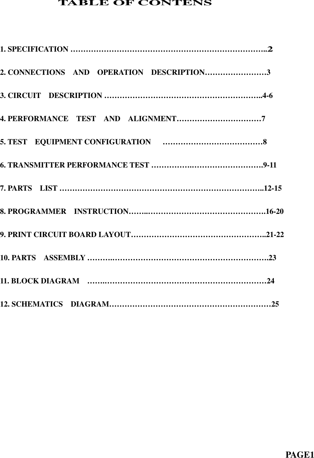 TABLE OF CONTENS1.SPECIFICATION…………………………………………………………………..22. CONNECTIONS AND OPERATION DESCRIPTION… … … … … … … … 33. CIRCUIT DESCRIPTION … … … … … … … … … … … … … … … … … … … … ..4-64. PERFORMANCE TEST AND ALIGNMENT… … … … … … … … … … … 75. TEST EQUIPMENT CONFIGURATION … … … … … … … … … … … … … 86. TRANSMITTER PERFORMANCE TEST … … … … … .… … … … … … … … … .9-117.PARTS LIST……………………………………………………………………..12-158. PROGRAMMER INSTRUCTION… … ..… … … … … … … … … … … … … … … .16-209. PRINT CIRCUIT BOARD LAYOUT… … … … … … … … … … … … … … … … … ..21-2210.PARTS ASSEMBLY……….…………………………………………………….2311.BLOCKDIAGRAM …….………………………………………………………2412. SCHEMATICS DIAGRAM… … … … … … … … … … … … … … … … … … … … … 25PAGE1