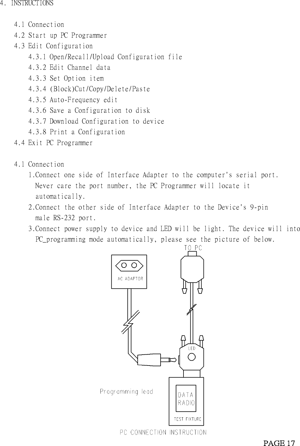 4. INSTRUCTIONS4.1 Connection4.2 Start up PC Programmer4.3 Edit Configuration4.3.1 Open/Recall/Upload Configuration file4.3.2 Edit Channel data4.3.3 Set Option item4.3.4 (Block)Cut/Copy/Delete/Paste4.3.5 Auto-Frequency edit4.3.6 Save a Configuration to disk4.3.7 Download Configuration to device4.3.8 Print a Configuration4.4 Exit PC Programmer4.1 Connection1.Connect one side of Interface Adapter to the computer&apos;s serial port.Never care the port number, the PC Programmer will locate itautomatically.2.Connect the other side of Interface Adapter to the Device&apos;s 9-pinmale RS-232 port.3.Connect power supply to device and LED will be light. The device will intoPC_programming mode automatically, please see the picture of below.PAGE 17