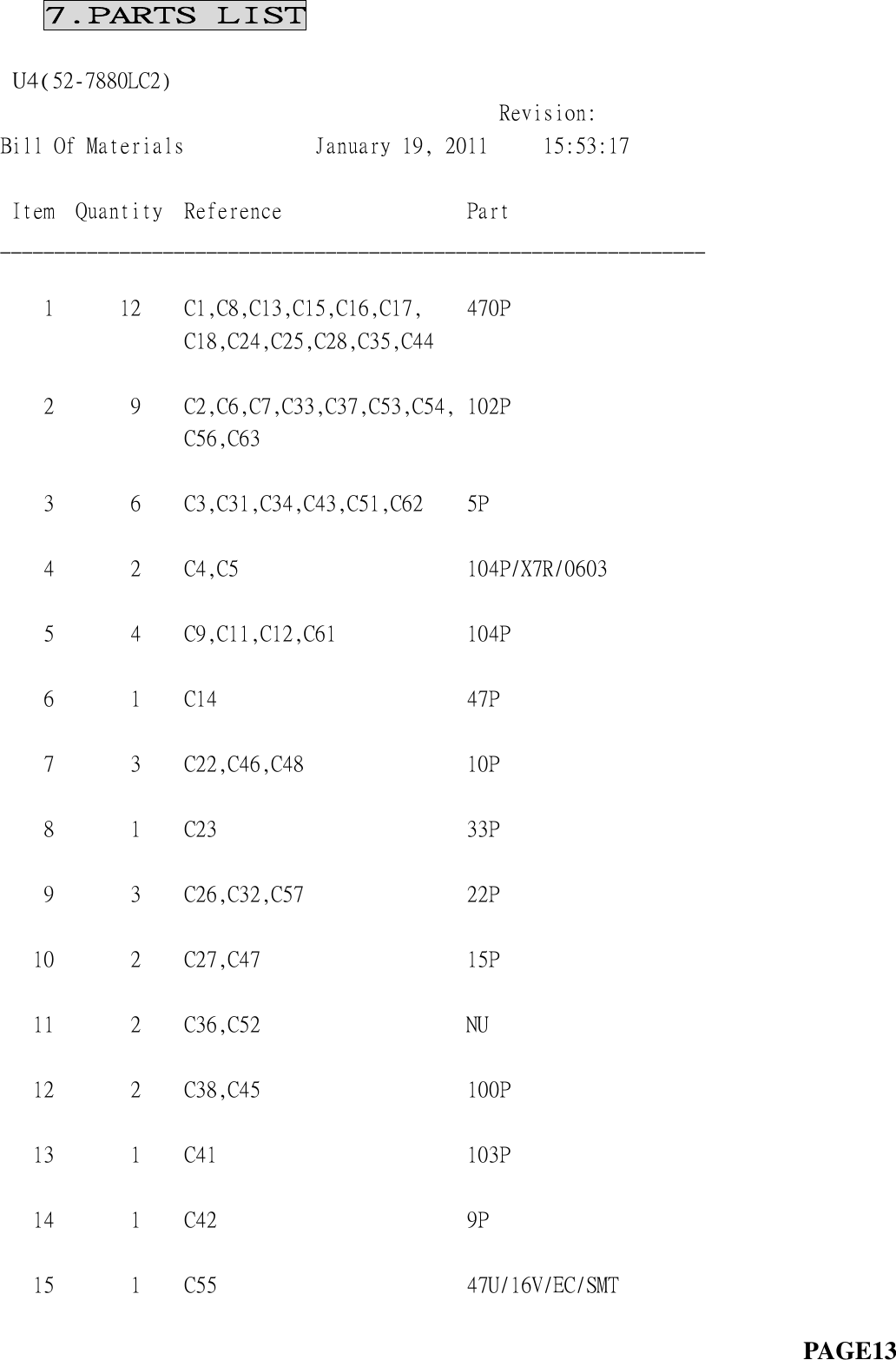 7.PARTS LIST     U4(52-7880LC2)                                                                                  Revision:  Bill Of Materials            January 19, 2011     15:53:17             Item  Quantity  Reference                 Part                   _________________________________________________________________      1      12    C1,C8,C13,C15,C16,C17,    470P                                    C18,C24,C25,C28,C35,C44      2       9    C2,C6,C7,C33,C37,C53,C54, 102P                                    C56,C63      3       6    C3,C31,C34,C43,C51,C62    5P                          4       2    C4,C5                     104P/X7R/0603               5       4    C9,C11,C12,C61            104P                        6       1    C14                       47P                         7       3    C22,C46,C48               10P                         8       1    C23                       33P                         9       3    C26,C32,C57               22P                        10       2    C27,C47                   15P                        11       2    C36,C52                   NU                         12       2    C38,C45                   100P                       13       1    C41                       103P                       14       1    C42                       9P                         15       1    C55                       47U/16V/EC/SMT                                                                                    PAGE13 