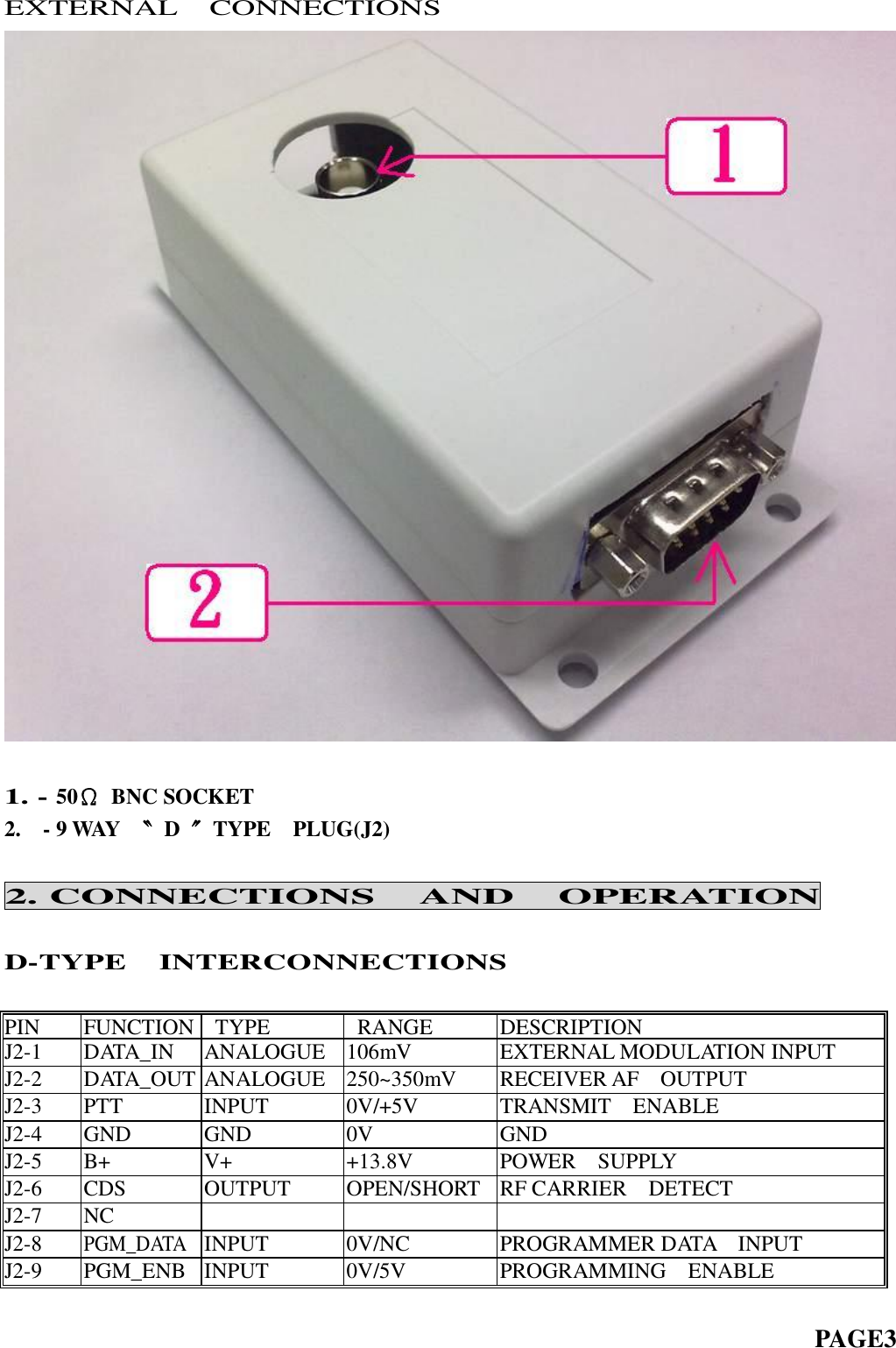 EXTERNAL    CONNECTIONS   1. - 50Ω  BNC SOCKET 2.    - 9 WAY  〝 D  〞TYPE    PLUG(J2)  2. CONNECTIONS  AND  OPERATION  D-TYPE    INTERCONNECTIONS  PIN FUNCTION   TYPE   RANGE DESCRIPTION J2-1 DATA_IN ANALOGUE 106mV EXTERNAL MODULATION INPUT J2-2 DATA_OUT ANALOGUE 250~350mV RECEIVER AF    OUTPUT J2-3 PTT INPUT 0V/+5V TRANSMIT    ENABLE J2-4 GND GND 0V GND J2-5 B+ V+ +13.8V POWER    SUPPLY J2-6 CDS OUTPUT OPEN/SHORT RF CARRIER    DETECT J2-7  NC    J2-8 PGM_DATA INPUT 0V/NC PROGRAMMER DATA    INPUT J2-9 PGM_ENB INPUT 0V/5V PROGRAMMING    ENABLE                                                                            PAGE3 