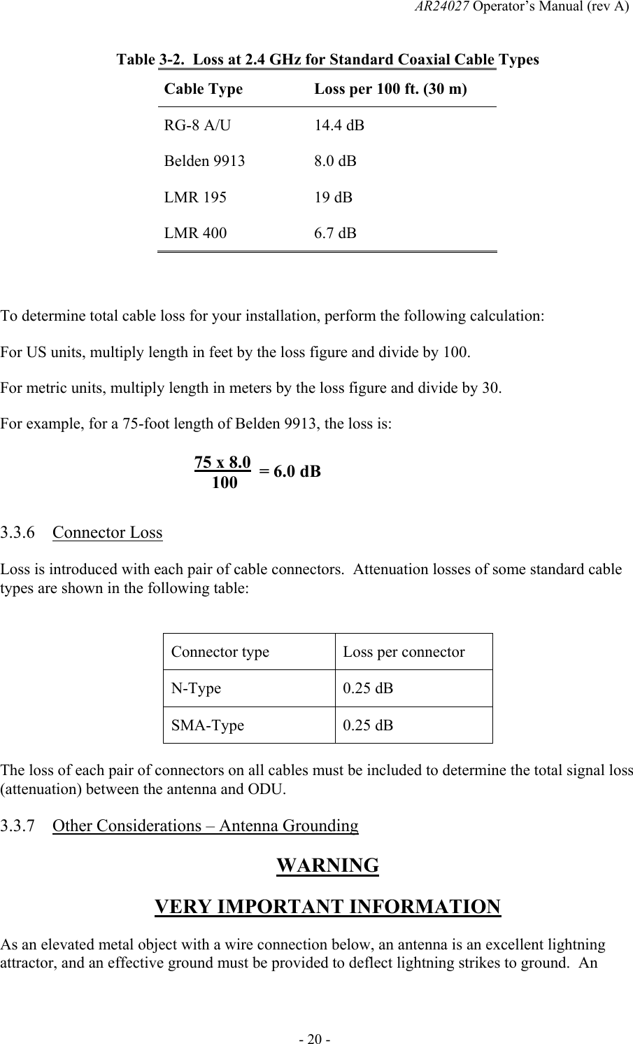   AR24027 Operator&rsquo;s Manual (rev A)  - 20 - Table 3-2.  Loss at 2.4 GHz for Standard Coaxial Cable Types Cable Type  Loss per 100 ft. (30 m) RG-8 A/U  14.4 dB Belden 9913  8.0 dB LMR 195  19 dB LMR 400  6.7 dB  To determine total cable loss for your installation, perform the following calculation: For US units, multiply length in feet by the loss figure and divide by 100. For metric units, multiply length in meters by the loss figure and divide by 30. For example, for a 75-foot length of Belden 9913, the loss is:   3.3.6 Connector Loss Loss is introduced with each pair of cable connectors.  Attenuation losses of some standard cable types are shown in the following table:  Connector type  Loss per connector N-Type 0.25 dB SMA-Type 0.25 dB The loss of each pair of connectors on all cables must be included to determine the total signal loss (attenuation) between the antenna and ODU. 3.3.7 Other Considerations &ndash; Antenna Grounding WARNING VERY IMPORTANT INFORMATION As an elevated metal object with a wire connection below, an antenna is an excellent lightning attractor, and an effective ground must be provided to deflect lightning strikes to ground.  An 75 x 8.0     100  = 6.0 dB