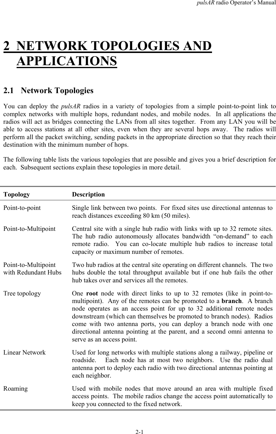 pulsAR radio Operator&rsquo;s Manual2-12 NETWORK TOPOLOGIES ANDAPPLICATIONS2.1 Network TopologiesYou can deploy the pulsAR  radios in a variety of topologies from a simple point-to-point link tocomplex networks with multiple hops, redundant nodes, and mobile nodes.  In all applications theradios will act as bridges connecting the LANs from all sites together.  From any LAN you will beable to access stations at all other sites, even when they are several hops away.  The radios willperform all the packet switching, sending packets in the appropriate direction so that they reach theirdestination with the minimum number of hops.The following table lists the various topologies that are possible and gives you a brief description foreach.  Subsequent sections explain these topologies in more detail.Topology DescriptionPoint-to-point Single link between two points.  For fixed sites use directional antennas toreach distances exceeding 80 km (50 miles).Point-to-Multipoint Central site with a single hub radio with links with up to 32 remote sites.The hub radio autonomously allocates bandwidth &ldquo;on-demand&rdquo; to eachremote radio.  You can co-locate multiple hub radios to increase totalcapacity or maximum number of remotes.Point-to-Multipointwith Redundant HubsTwo hub radios at the central site operating on different channels.  The twohubs double the total throughput available but if one hub fails the otherhub takes over and services all the remotes.Tree topology One  root node with direct links to up to 32 remotes (like in point-to-multipoint).  Any of the remotes can be promoted to a branch.  A branchnode operates as an access point for up to 32 additional remote nodesdownstream (which can themselves be promoted to branch nodes).  Radioscome with two antenna ports, you can deploy a branch node with onedirectional antenna pointing at the parent, and a second omni antenna toserve as an access point.Linear Network Used for long networks with multiple stations along a railway, pipeline orroadside.   Each node has at most two neighbors.  Use the radio dualantenna port to deploy each radio with two directional antennas pointing ateach neighbor.Roaming Used with mobile nodes that move around an area with multiple fixedaccess points.  The mobile radios change the access point automatically tokeep you connected to the fixed network.