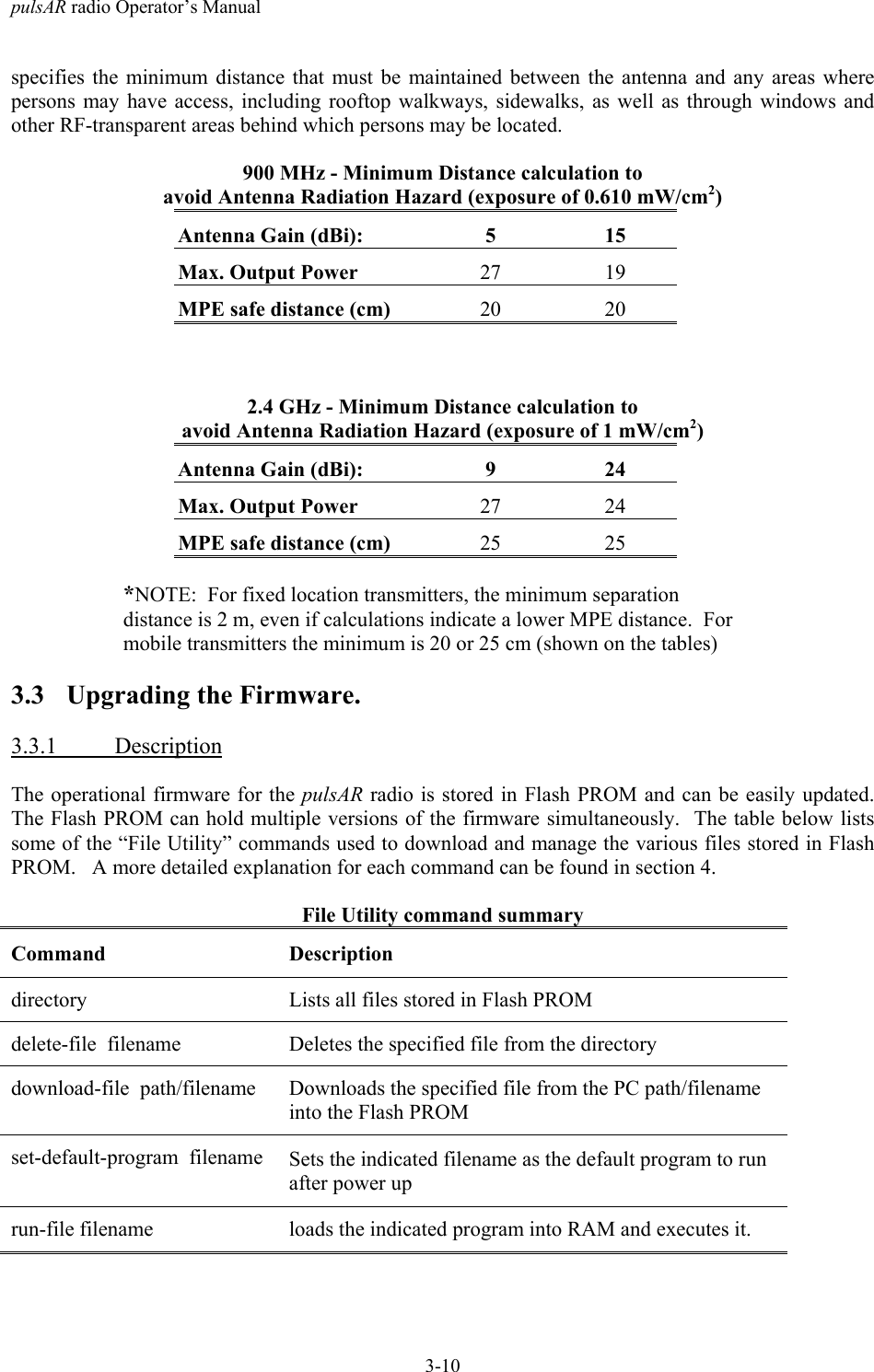 pulsAR radio Operator&rsquo;s Manual3-10specifies the minimum distance that must be maintained between the antenna and any areas wherepersons may have access, including rooftop walkways, sidewalks, as well as through windows andother RF-transparent areas behind which persons may be located.900 MHz - Minimum Distance calculation toavoid Antenna Radiation Hazard (exposure of 0.610 mW/cm2)Antenna Gain (dBi): 5 15Max. Output Power 27 19MPE safe distance (cm) 20 202.4 GHz - Minimum Distance calculation toavoid Antenna Radiation Hazard (exposure of 1 mW/cm2)Antenna Gain (dBi): 9 24Max. Output Power 27 24MPE safe distance (cm) 25 25*NOTE:  For fixed location transmitters, the minimum separationdistance is 2 m, even if calculations indicate a lower MPE distance.  Formobile transmitters the minimum is 20 or 25 cm (shown on the tables)3.3 Upgrading the Firmware.3.3.1 DescriptionThe operational firmware for the pulsAR radio is stored in Flash PROM and can be easily updated.The Flash PROM can hold multiple versions of the firmware simultaneously.  The table below listssome of the &ldquo;File Utility&rdquo; commands used to download and manage the various files stored in FlashPROM.   A more detailed explanation for each command can be found in section 4.File Utility command summaryCommand Descriptiondirectory Lists all files stored in Flash PROMdelete-file  filename Deletes the specified file from the directorydownload-file  path/filename Downloads the specified file from the PC path/filenameinto the Flash PROMset-default-program  filename Sets the indicated filename as the default program to runafter power uprun-file filename loads the indicated program into RAM and executes it.
