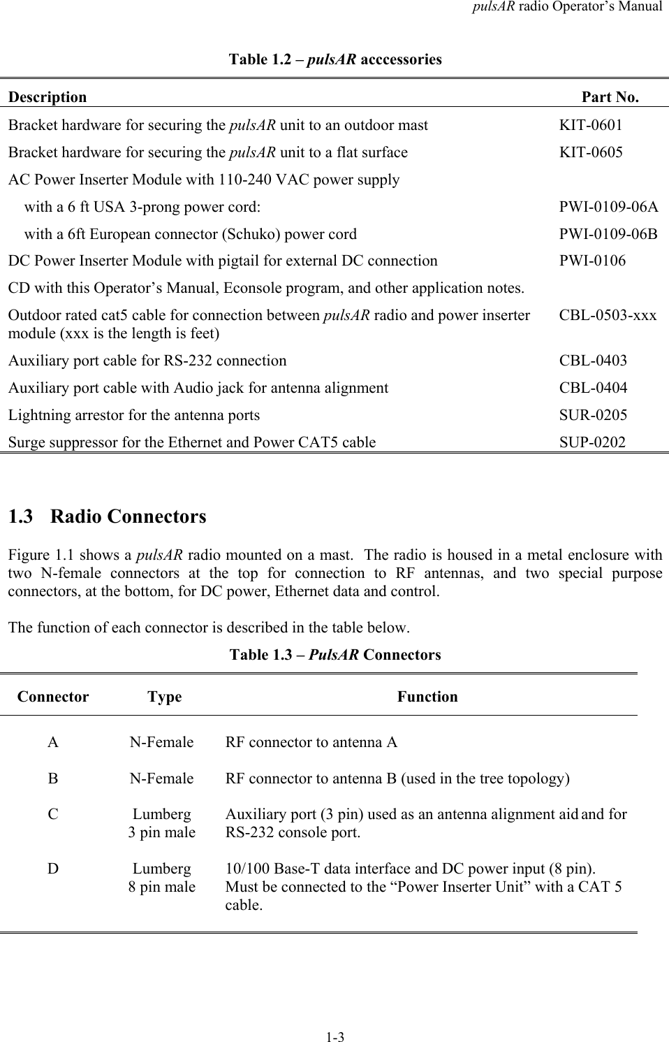 pulsAR radio Operator&rsquo;s Manual1-3Table 1.2 &ndash; pulsAR acccessoriesDescription Part No.Bracket hardware for securing the pulsAR unit to an outdoor mast KIT-0601Bracket hardware for securing the pulsAR unit to a flat surface KIT-0605AC Power Inserter Module with 110-240 VAC power supply    with a 6 ft USA 3-prong power cord:    with a 6ft European connector (Schuko) power cordPWI-0109-06APWI-0109-06BDC Power Inserter Module with pigtail for external DC connection PWI-0106CD with this Operator&rsquo;s Manual, Econsole program, and other application notes.Outdoor rated cat5 cable for connection between pulsAR radio and power insertermodule (xxx is the length is feet)CBL-0503-xxxAuxiliary port cable for RS-232 connection CBL-0403Auxiliary port cable with Audio jack for antenna alignment CBL-0404Lightning arrestor for the antenna ports SUR-0205Surge suppressor for the Ethernet and Power CAT5 cable SUP-02021.3 Radio ConnectorsFigure 1.1 shows a pulsAR radio mounted on a mast.  The radio is housed in a metal enclosure withtwo N-female connectors at the top for connection to RF antennas, and two special purposeconnectors, at the bottom, for DC power, Ethernet data and control.The function of each connector is described in the table below.Table 1.3 &ndash; PulsAR ConnectorsConnector Type FunctionA N-Female RF connector to antenna AB N-Female RF connector to antenna B (used in the tree topology)C Lumberg3 pin maleAuxiliary port (3 pin) used as an antenna alignment aid and forRS-232 console port.D Lumberg8 pin male10/100 Base-T data interface and DC power input (8 pin).Must be connected to the &ldquo;Power Inserter Unit&rdquo; with a CAT 5cable.