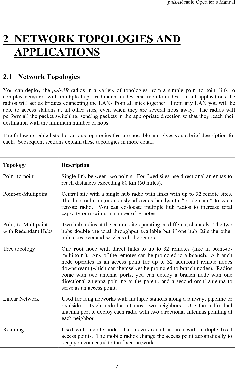 pulsAR radio Operator&rsquo;s Manual2-12 NETWORK TOPOLOGIES ANDAPPLICATIONS2.1 Network TopologiesYou can deploy the pulsAR  radios in a variety of topologies from a simple point-to-point link tocomplex networks with multiple hops, redundant nodes, and mobile nodes.  In all applications theradios will act as bridges connecting the LANs from all sites together.  From any LAN you will beable to access stations at all other sites, even when they are several hops away.  The radios willperform all the packet switching, sending packets in the appropriate direction so that they reach theirdestination with the minimum number of hops.The following table lists the various topologies that are possible and gives you a brief description foreach.  Subsequent sections explain these topologies in more detail.Topology DescriptionPoint-to-point Single link between two points.  For fixed sites use directional antennas toreach distances exceeding 80 km (50 miles).Point-to-Multipoint Central site with a single hub radio with links with up to 32 remote sites.The hub radio autonomously allocates bandwidth &ldquo;on-demand&rdquo; to eachremote radio.  You can co-locate multiple hub radios to increase totalcapacity or maximum number of remotes.Point-to-Multipointwith Redundant HubsTwo hub radios at the central site operating on different channels.  The twohubs double the total throughput available but if one hub fails the otherhub takes over and services all the remotes.Tree topology One  root node with direct links to up to 32 remotes (like in point-to-multipoint).  Any of the remotes can be promoted to a branch.  A branchnode operates as an access point for up to 32 additional remote nodesdownstream (which can themselves be promoted to branch nodes).  Radioscome with two antenna ports, you can deploy a branch node with onedirectional antenna pointing at the parent, and a second omni antenna toserve as an access point.Linear Network Used for long networks with multiple stations along a railway, pipeline orroadside.   Each node has at most two neighbors.  Use the radio dualantenna port to deploy each radio with two directional antennas pointing ateach neighbor.Roaming Used with mobile nodes that move around an area with multiple fixedaccess points.  The mobile radios change the access point automatically tokeep you connected to the fixed network.