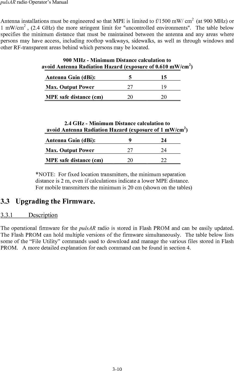 pulsAR radio Operator&rsquo;s Manual3-10Antenna installations must be engineered so that MPE is limited to f/1500 mW/ cm2  (at 900 MHz) or1 mW/cm2  , (2.4 GHz) the more stringent limit for "uncontrolled environments".  The table belowspecifies the minimum distance that must be maintained between the antenna and any areas wherepersons may have access, including rooftop walkways, sidewalks, as well as through windows andother RF-transparent areas behind which persons may be located.900 MHz - Minimum Distance calculation toavoid Antenna Radiation Hazard (exposure of 0.610 mW/cm2)Antenna Gain (dBi): 5 15Max. Output Power 27 19MPE safe distance (cm) 20 202.4 GHz - Minimum Distance calculation toavoid Antenna Radiation Hazard (exposure of 1 mW/cm2)Antenna Gain (dBi): 9 24Max. Output Power 27 24MPE safe distance (cm) 20 22*NOTE:  For fixed location transmitters, the minimum separationdistance is 2 m, even if calculations indicate a lower MPE distance.For mobile transmitters the minimum is 20 cm (shown on the tables)3.3 Upgrading the Firmware.3.3.1 DescriptionThe operational firmware for the pulsAR radio is stored in Flash PROM and can be easily updated.The Flash PROM can hold multiple versions of the firmware simultaneously.  The table below listssome of the &ldquo;File Utility&rdquo; commands used to download and manage the various files stored in FlashPROM.   A more detailed explanation for each command can be found in section 4.
