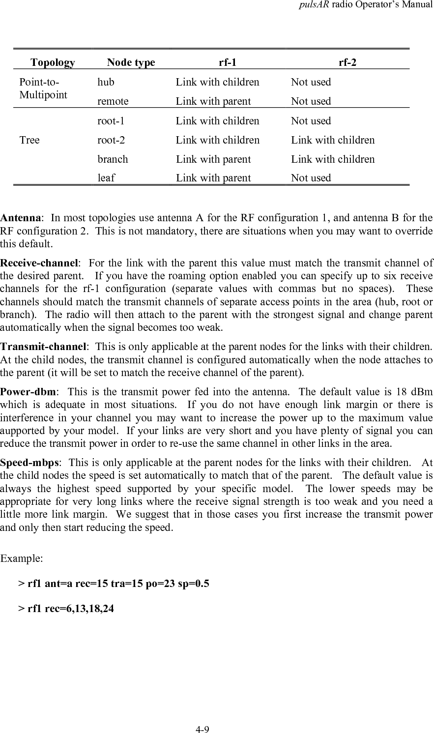 pulsAR radio Operator&rsquo;s Manual4-9Topology Node type rf-1 rf-2hub Link with children Not usedPoint-to-Multipoint remote Link with parent Not usedroot-1 Link with children Not usedroot-2 Link with children Link with childrenbranch Link with parent Link with childrenTreeleaf Link with parent Not usedAntenna:  In most topologies use antenna A for the RF configuration 1, and antenna B for theRF configuration 2.  This is not mandatory, there are situations when you may want to overridethis default.Receive-channel:  For the link with the parent this value must match the transmit channel ofthe desired parent.   If you have the roaming option enabled you can specify up to six receivechannels for the rf-1 configuration (separate values with commas but no spaces).  Thesechannels should match the transmit channels of separate access points in the area (hub, root orbranch).  The radio will then attach to the parent with the strongest signal and change parentautomatically when the signal becomes too weak.Transmit-channel:  This is only applicable at the parent nodes for the links with their children.At the child nodes, the transmit channel is configured automatically when the node attaches tothe parent (it will be set to match the receive channel of the parent).Power-dbm:  This is the transmit power fed into the antenna.  The default value is 18 dBmwhich is adequate in most situations.  If you do not have enough link margin or there isinterference in your channel you may want to increase the power up to the maximum valueaupported by your model.  If your links are very short and you have plenty of signal you canreduce the transmit power in order to re-use the same channel in other links in the area.Speed-mbps:  This is only applicable at the parent nodes for the links with their children.   Atthe child nodes the speed is set automatically to match that of the parent.   The default value isalways the highest speed supported by your specific model.  The lower speeds may beappropriate for very long links where the receive signal strength is too weak and you need alittle more link margin.  We suggest that in those cases you first increase the transmit powerand only then start reducing the speed.Example:> rf1 ant=a rec=15 tra=15 po=23 sp=0.5> rf1 rec=6,13,18,24