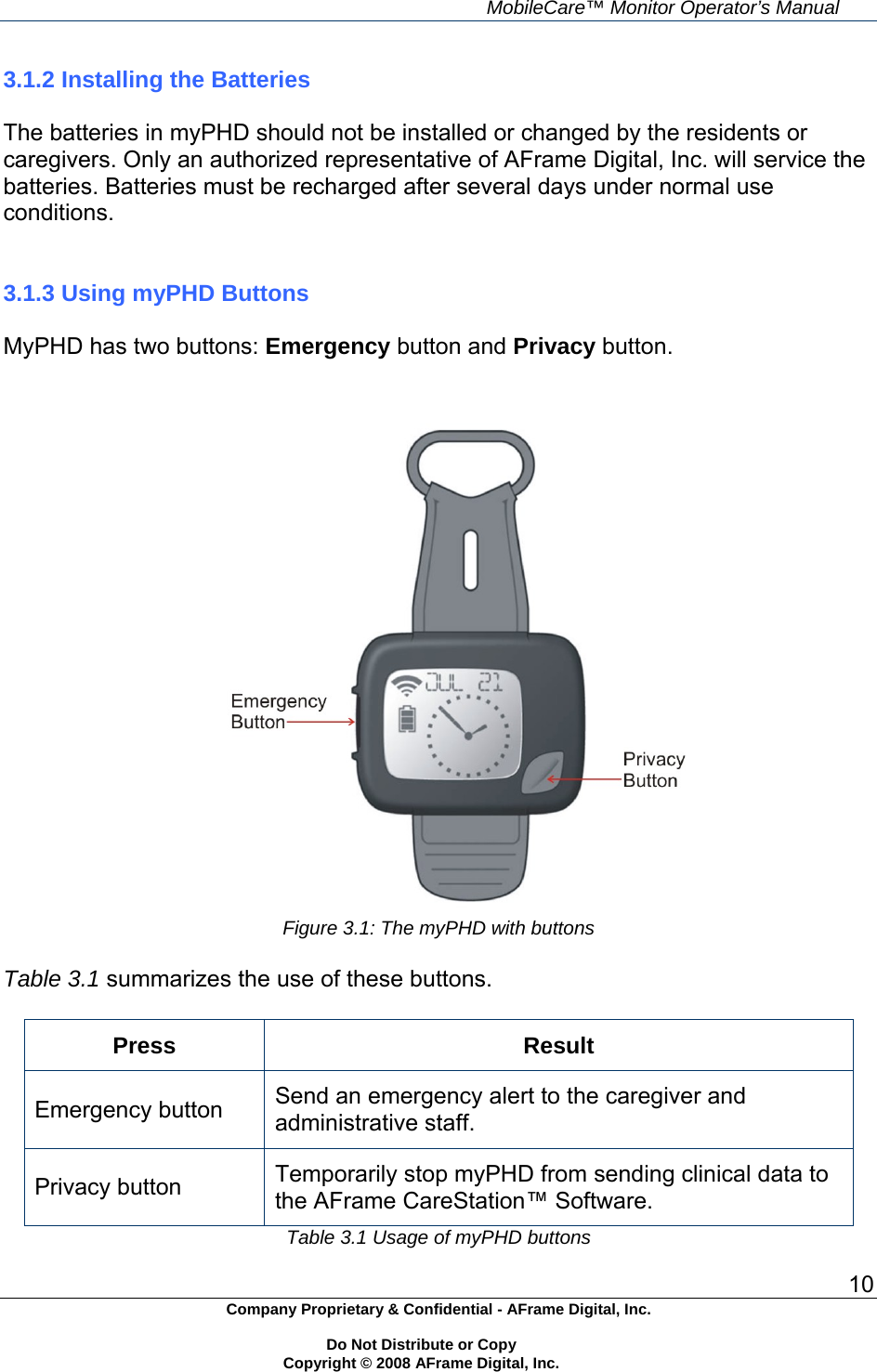     MobileCare&trade; Monitor Operator&rsquo;s Manual 10 Company Proprietary &amp; Confidential - AFrame Digital, Inc.    Do Not Distribute or Copy   Copyright &copy; 2008 AFrame Digital, Inc.  3.1.2 Installing the Batteries  The batteries in myPHD should not be installed or changed by the residents or caregivers. Only an authorized representative of AFrame Digital, Inc. will service the batteries. Batteries must be recharged after several days under normal use conditions.   3.1.3 Using myPHD Buttons  MyPHD has two buttons: Emergency button and Privacy button.    Figure 3.1: The myPHD with buttons  Table 3.1 summarizes the use of these buttons.  Press Result Emergency button  Send an emergency alert to the caregiver and administrative staff. Privacy button  Temporarily stop myPHD from sending clinical data to the AFrame CareStation&trade; Software. Table 3.1 Usage of myPHD buttons 