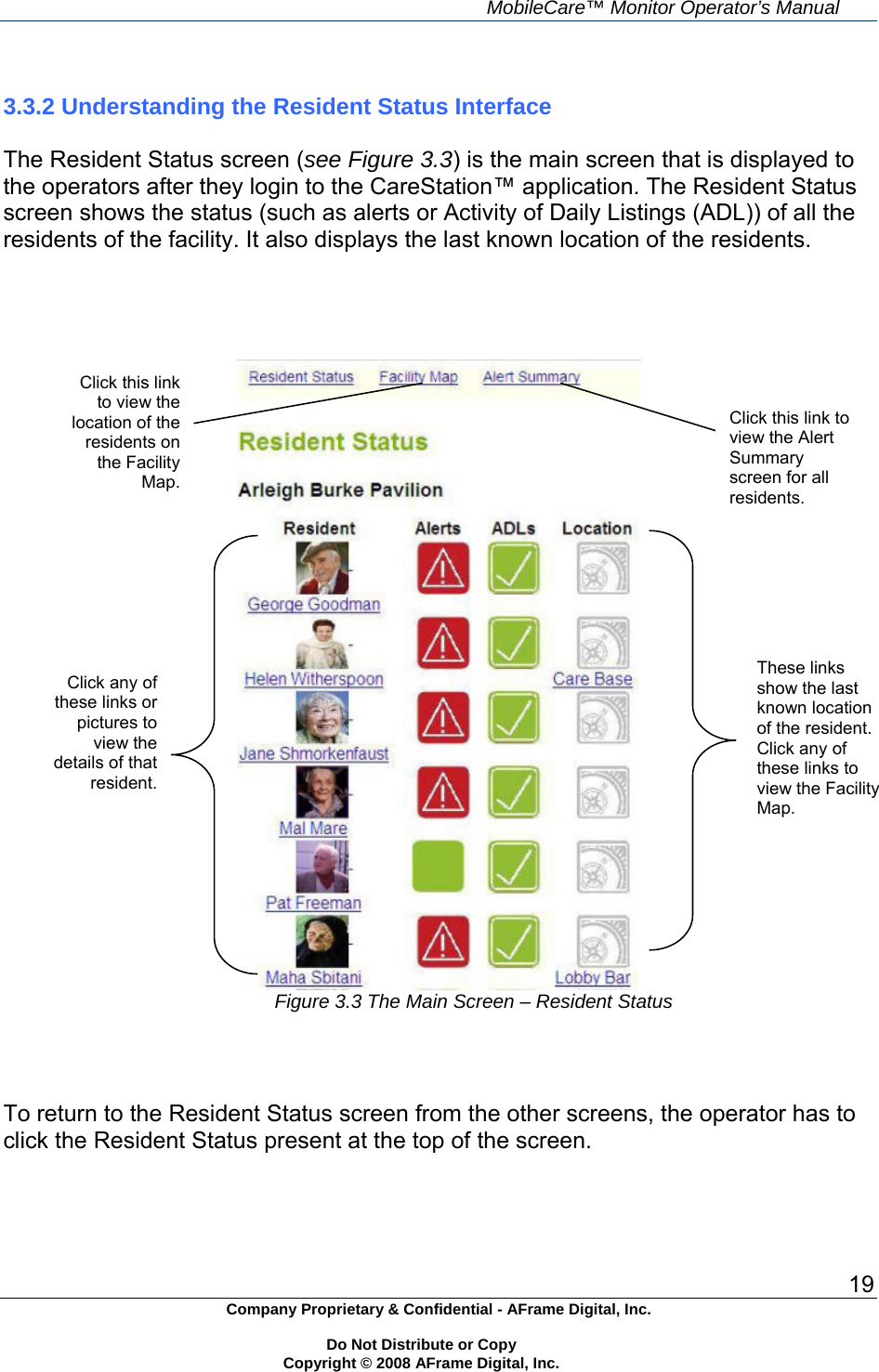     MobileCare&trade; Monitor Operator&rsquo;s Manual 19 Company Proprietary &amp; Confidential - AFrame Digital, Inc.    Do Not Distribute or Copy   Copyright &copy; 2008 AFrame Digital, Inc.   3.3.2 Understanding the Resident Status Interface  The Resident Status screen (see Figure 3.3) is the main screen that is displayed to the operators after they login to the CareStation&trade; application. The Resident Status screen shows the status (such as alerts or Activity of Daily Listings (ADL)) of all the residents of the facility. It also displays the last known location of the residents.      Figure 3.3 The Main Screen &ndash; Resident Status   To return to the Resident Status screen from the other screens, the operator has to click the Resident Status present at the top of the screen.     Click this link to view the location of the residents on the Facility Map. Click any of these links or pictures to view the details of that resident. Click this link to view the Alert Summary screen for all residents. These links show the last known location of the resident. Click any of these links to view the Facility Map. 
