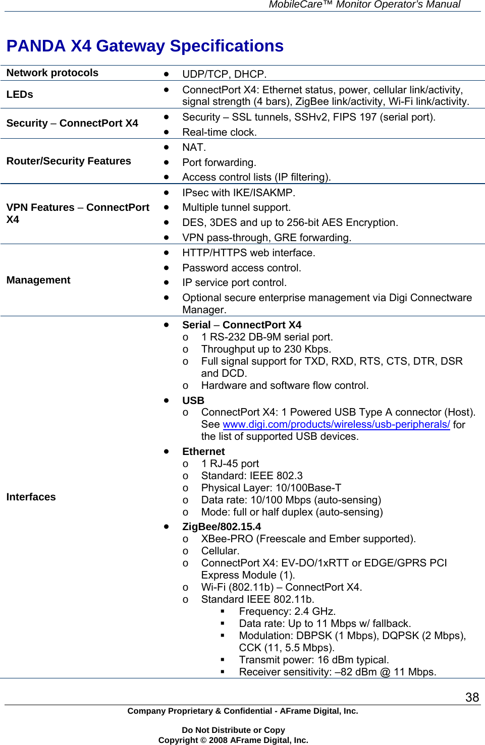     MobileCare&trade; Monitor Operator&rsquo;s Manual 38 Company Proprietary &amp; Confidential - AFrame Digital, Inc.    Do Not Distribute or Copy   Copyright &copy; 2008 AFrame Digital, Inc.  PANDA X4 Gateway Specifications  Network protocols   UDP/TCP, DHCP. LEDs  ConnectPort X4: Ethernet status, power, cellular link/activity, signal strength (4 bars), ZigBee link/activity, Wi-Fi link/activity. Security &ndash; ConnectPort X4   Security &ndash; SSL tunnels, SSHv2, FIPS 197 (serial port).  Real-time clock. Router/Security Features   NAT.  Port forwarding.  Access control lists (IP filtering). VPN Features &ndash; ConnectPort X4  IPsec with IKE/ISAKMP.  Multiple tunnel support.  DES, 3DES and up to 256-bit AES Encryption.  VPN pass-through, GRE forwarding. Management  HTTP/HTTPS web interface.  Password access control.  IP service port control.  Optional secure enterprise management via Digi Connectware Manager. Interfaces  Serial &ndash; ConnectPort X4 o  1 RS-232 DB-9M serial port. o  Throughput up to 230 Kbps. o  Full signal support for TXD, RXD, RTS, CTS, DTR, DSR and DCD. o  Hardware and software flow control.  USB o  ConnectPort X4: 1 Powered USB Type A connector (Host).See www.digi.com/products/wireless/usb-peripherals/ for the list of supported USB devices.  Ethernet o  1 RJ-45 port o  Standard: IEEE 802.3 o  Physical Layer: 10/100Base-T o  Data rate: 10/100 Mbps (auto-sensing) o  Mode: full or half duplex (auto-sensing)  ZigBee/802.15.4 o  XBee-PRO (Freescale and Ember supported). o Cellular. o  ConnectPort X4: EV-DO/1xRTT or EDGE/GPRS PCI Express Module (1). o  Wi-Fi (802.11b) &ndash; ConnectPort X4. o  Standard IEEE 802.11b.   Frequency: 2.4 GHz.   Data rate: Up to 11 Mbps w/ fallback.   Modulation: DBPSK (1 Mbps), DQPSK (2 Mbps), CCK (11, 5.5 Mbps).   Transmit power: 16 dBm typical.   Receiver sensitivity: &ndash;82 dBm @ 11 Mbps. 