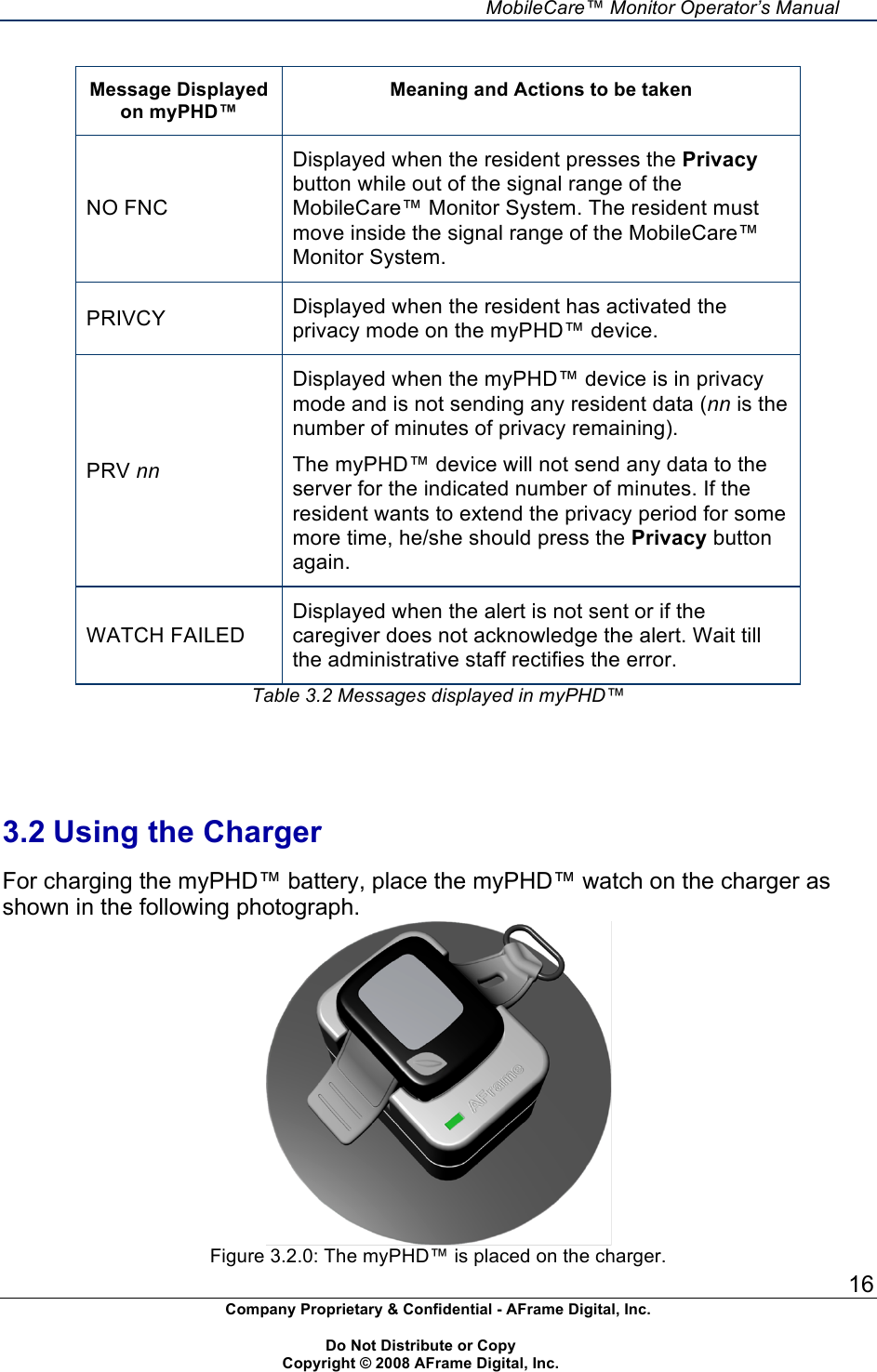     MobileCare&trade; Monitor Operator&rsquo;s Manual 16 Company Proprietary &amp; Confidential - AFrame Digital, Inc.    Do Not Distribute or Copy   Copyright &copy; 2008 AFrame Digital, Inc.  Message Displayed on myPHD&trade; Meaning and Actions to be taken NO FNC Displayed when the resident presses the Privacy button while out of the signal range of the MobileCare&trade; Monitor System. The resident must move inside the signal range of the MobileCare&trade; Monitor System. PRIVCY Displayed when the resident has activated the privacy mode on the myPHD&trade; device. PRV nn Displayed when the myPHD&trade; device is in privacy mode and is not sending any resident data (nn is the number of minutes of privacy remaining). The myPHD&trade; device will not send any data to the server for the indicated number of minutes. If the resident wants to extend the privacy period for some more time, he/she should press the Privacy button again. WATCH FAILED Displayed when the alert is not sent or if the caregiver does not acknowledge the alert. Wait till the administrative staff rectifies the error. Table 3.2 Messages displayed in myPHD&trade;     3.2 Using the Charger  For charging the myPHD&trade; battery, place the myPHD&trade; watch on the charger as shown in the following photograph.   Figure 3.2.0: The myPHD&trade; is placed on the charger.  