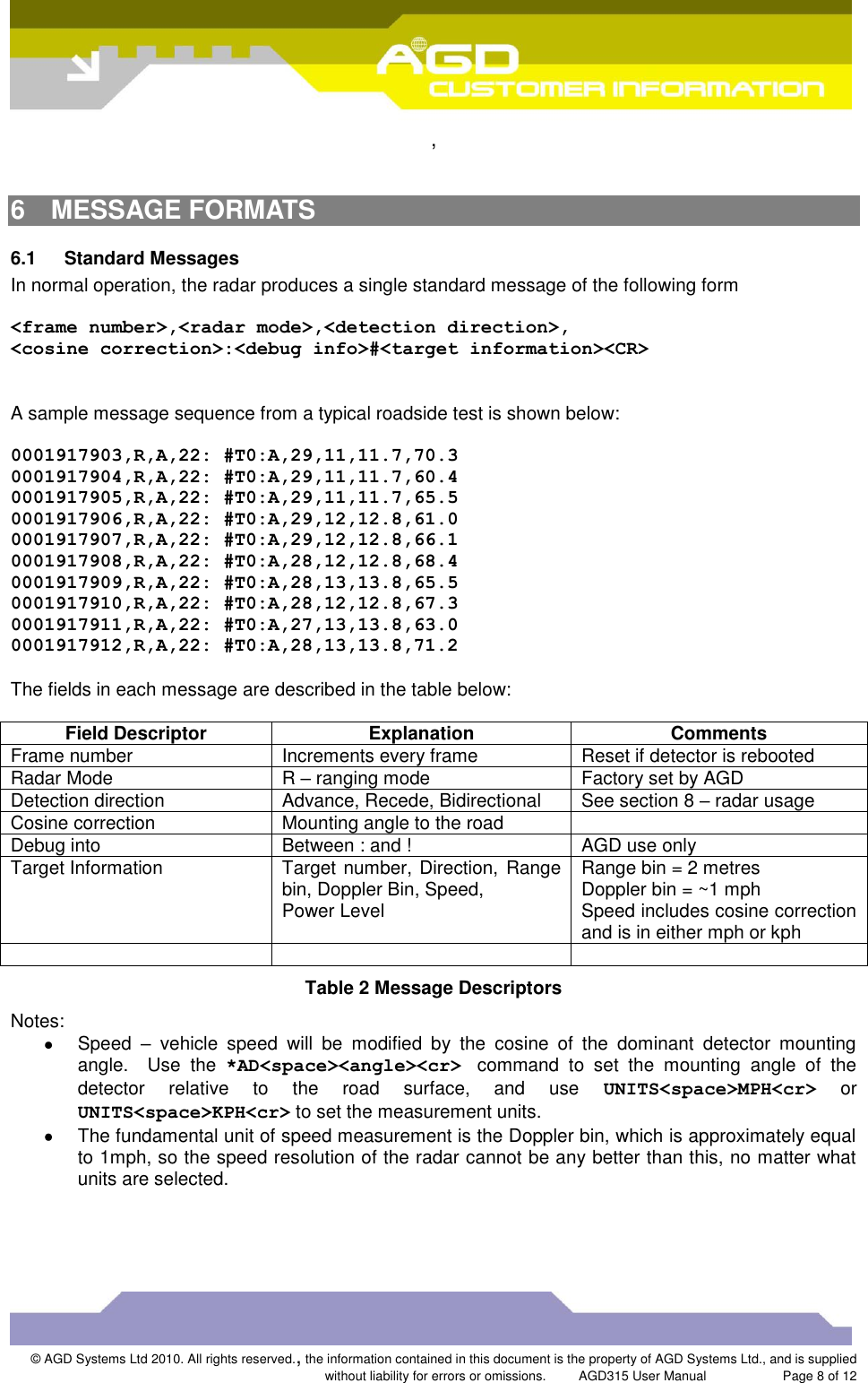  ,  © AGD Systems Ltd 2010. All rights reserved., the information contained in this document is the property of AGD Systems Ltd., and is supplied without liability for errors or omissions.      AGD315 User Manual                     Page 8 of 12    6  MESSAGE FORMATS 6.1  Standard Messages In normal operation, the radar produces a single standard message of the following form  &lt;frame number&gt;,&lt;radar mode&gt;,&lt;detection direction&gt;, &lt;cosine correction&gt;:&lt;debug info&gt;#&lt;target information&gt;&lt;CR&gt;   A sample message sequence from a typical roadside test is shown below:  0001917903,R,A,22: #T0:A,29,11,11.7,70.3 0001917904,R,A,22: #T0:A,29,11,11.7,60.4 0001917905,R,A,22: #T0:A,29,11,11.7,65.5 0001917906,R,A,22: #T0:A,29,12,12.8,61.0 0001917907,R,A,22: #T0:A,29,12,12.8,66.1 0001917908,R,A,22: #T0:A,28,12,12.8,68.4 0001917909,R,A,22: #T0:A,28,13,13.8,65.5 0001917910,R,A,22: #T0:A,28,12,12.8,67.3 0001917911,R,A,22: #T0:A,27,13,13.8,63.0 0001917912,R,A,22: #T0:A,28,13,13.8,71.2  The fields in each message are described in the table below:  Field Descriptor Explanation Comments Frame number Increments every frame Reset if detector is rebooted Radar Mode R – ranging mode Factory set by AGD Detection direction Advance, Recede, Bidirectional See section 8 – radar usage Cosine correction Mounting angle to the road  Debug into Between : and ! AGD use only Target Information Target number, Direction,  Range bin, Doppler Bin, Speed, Power Level Range bin = 2 metres Doppler bin = ~1 mph Speed includes cosine correction and is in either mph or kph    Table 2 Message Descriptors Notes:   Speed  –  vehicle  speed  will  be  modified  by  the  cosine  of  the  dominant  detector  mounting angle.    Use  the  *AD&lt;space&gt;&lt;angle&gt;&lt;cr&gt;  command  to  set  the  mounting  angle  of  the detector  relative  to  the  road  surface,  and  use  UNITS&lt;space&gt;MPH&lt;cr&gt;  or UNITS&lt;space&gt;KPH&lt;cr&gt; to set the measurement units.     The fundamental unit of speed measurement is the Doppler bin, which is approximately equal to 1mph, so the speed resolution of the radar cannot be any better than this, no matter what units are selected. 