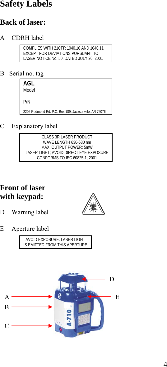 Safety Labels  Back of laser:  A  CDRH label    COMPLIES WITH 21CFR 1040.10 AND 1040.11 EXCEPT FOR DEVIATIONS PURSUANT TO LASER NOTICE No. 50, DATED JULY 26, 2001  B   Serial no. tag   AGL Model  P/N  2202 Redmond Rd. P.O. Box 189, Jacksonville, AR 72076  C  Explanatory label   CLASS 3R LASER PRODUCT WAVE LENGTH 630-680 nm MAX. OUTPUT POWER: 5mW LASER LIGHT; AVOID DIRECT EYE EXPOSURE CONFORMS TO IEC 60825-1; 2001   Front of laser with keypad:                D  Warning label        E Aperture label  AVOID EXPOSURE. LASER LIGHT IS EMITTED FROM THIS APERTURE                                        DE A B C  4