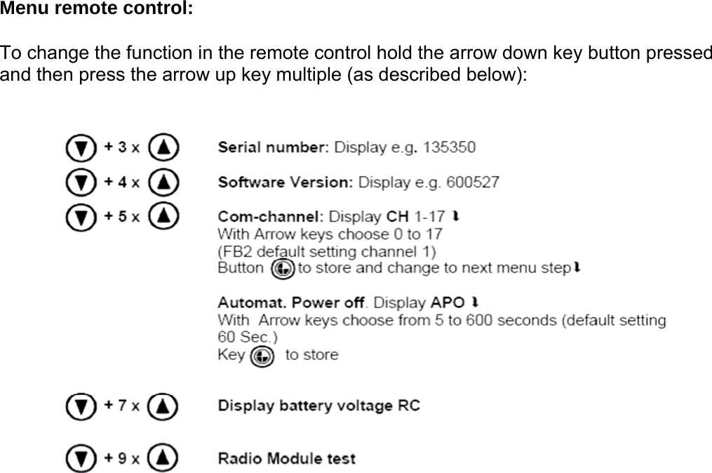 Menu remote control:   To change the function in the remote control hold the arrow down key button pressed and then press the arrow up key multiple (as described below):   