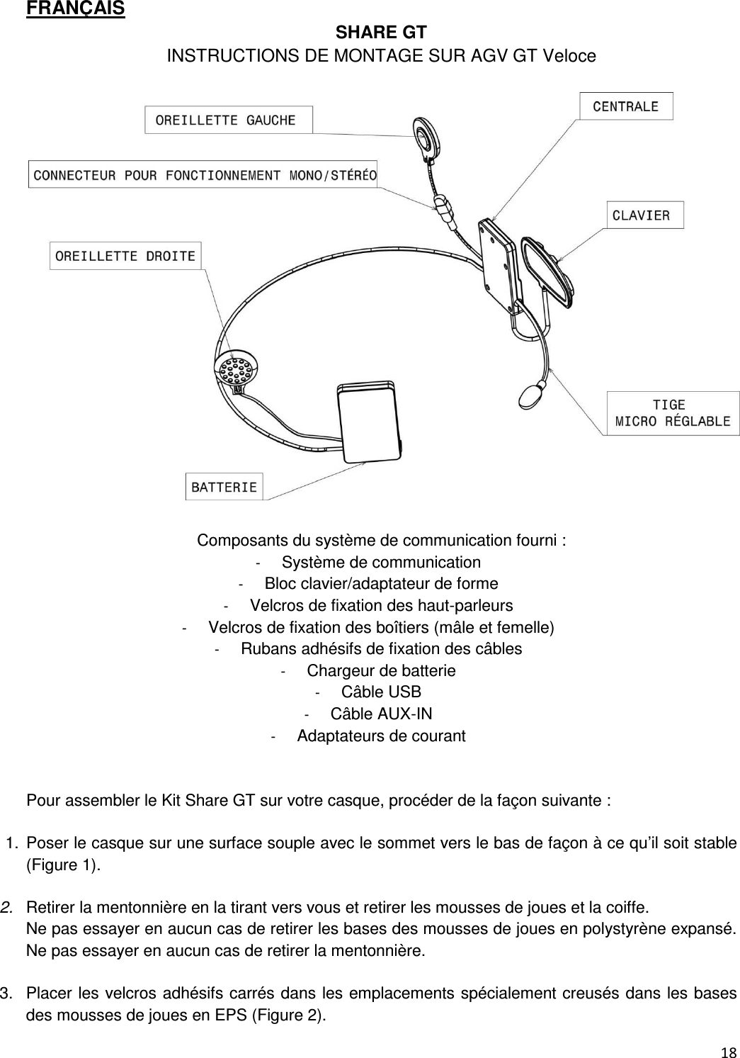  18  FRAN&Ccedil;AIS SHARE GT INSTRUCTIONS DE MONTAGE SUR AGV GT Veloce    Composants du syst&egrave;me de communication fourni : -  Syst&egrave;me de communication -  Bloc clavier/adaptateur de forme -  Velcros de fixation des haut-parleurs -  Velcros de fixation des bo&icirc;tiers (m&acirc;le et femelle) -  Rubans adh&eacute;sifs de fixation des c&acirc;bles -  Chargeur de batterie -  C&acirc;ble USB -  C&acirc;ble AUX-IN -  Adaptateurs de courant   Pour assembler le Kit Share GT sur votre casque, proc&eacute;der de la fa&ccedil;on suivante :  1.  Poser le casque sur une surface souple avec le sommet vers le bas de fa&ccedil;on &agrave; ce qu&rsquo;il soit stable (Figure 1).  2.  Retirer la mentonni&egrave;re en la tirant vers vous et retirer les mousses de joues et la coiffe. Ne pas essayer en aucun cas de retirer les bases des mousses de joues en polystyr&egrave;ne expans&eacute;. Ne pas essayer en aucun cas de retirer la mentonni&egrave;re.   3.  Placer les velcros adh&eacute;sifs carr&eacute;s dans les emplacements sp&eacute;cialement creus&eacute;s dans les bases des mousses de joues en EPS (Figure 2). 