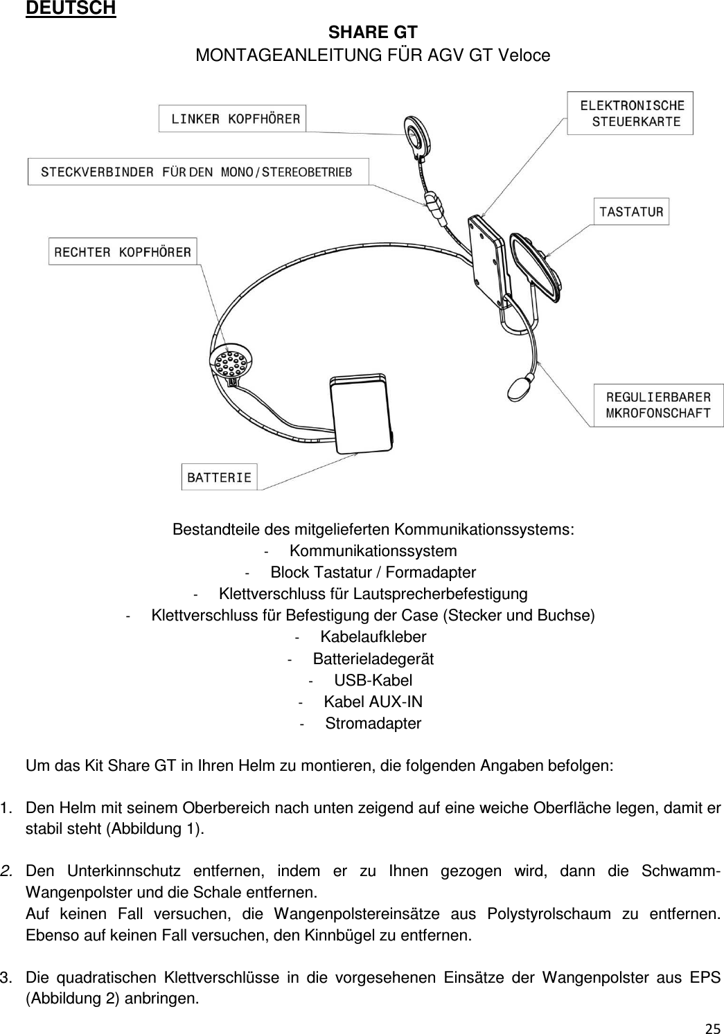  25  DEUTSCH SHARE GT MONTAGEANLEITUNG F&Uuml;R AGV GT Veloce    Bestandteile des mitgelieferten Kommunikationssystems: -  Kommunikationssystem -  Block Tastatur / Formadapter -  Klettverschluss f&uuml;r Lautsprecherbefestigung -  Klettverschluss f&uuml;r Befestigung der Case (Stecker und Buchse) -  Kabelaufkleber -  Batterieladeger&auml;t -  USB-Kabel -  Kabel AUX-IN -  Stromadapter  Um das Kit Share GT in Ihren Helm zu montieren, die folgenden Angaben befolgen:  1.  Den Helm mit seinem Oberbereich nach unten zeigend auf eine weiche Oberfl&auml;che legen, damit er stabil steht (Abbildung 1).  2.  Den  Unterkinnschutz  entfernen,  indem  er  zu  Ihnen  gezogen  wird,  dann  die  Schwamm-Wangenpolster und die Schale entfernen. Auf  keinen  Fall  versuchen,  die  Wangenpolstereins&auml;tze  aus  Polystyrolschaum  zu  entfernen. Ebenso auf keinen Fall versuchen, den Kinnb&uuml;gel zu entfernen.  3.  Die  quadratischen  Klettverschl&uuml;sse  in  die  vorgesehenen  Eins&auml;tze  der  Wangenpolster  aus  EPS (Abbildung 2) anbringen. 