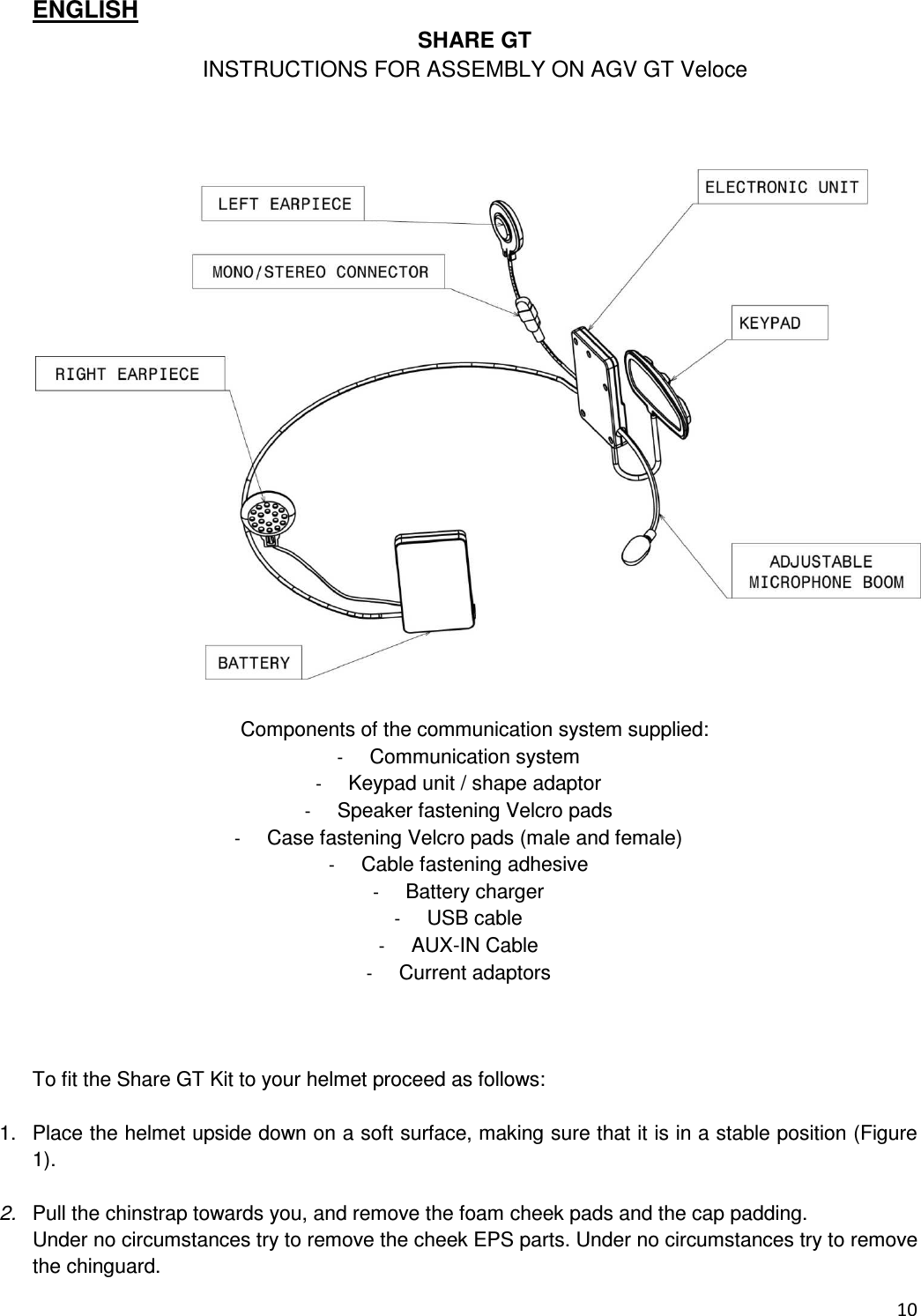  10  ENGLISH  SHARE GT INSTRUCTIONS FOR ASSEMBLY ON AGV GT Veloce    Components of the communication system supplied: -  Communication system -  Keypad unit / shape adaptor -  Speaker fastening Velcro pads -  Case fastening Velcro pads (male and female) -  Cable fastening adhesive -  Battery charger -  USB cable -  AUX-IN Cable -  Current adaptors    To fit the Share GT Kit to your helmet proceed as follows:  1.  Place the helmet upside down on a soft surface, making sure that it is in a stable position (Figure 1).  2.  Pull the chinstrap towards you, and remove the foam cheek pads and the cap padding. Under no circumstances try to remove the cheek EPS parts. Under no circumstances try to remove the chinguard.  