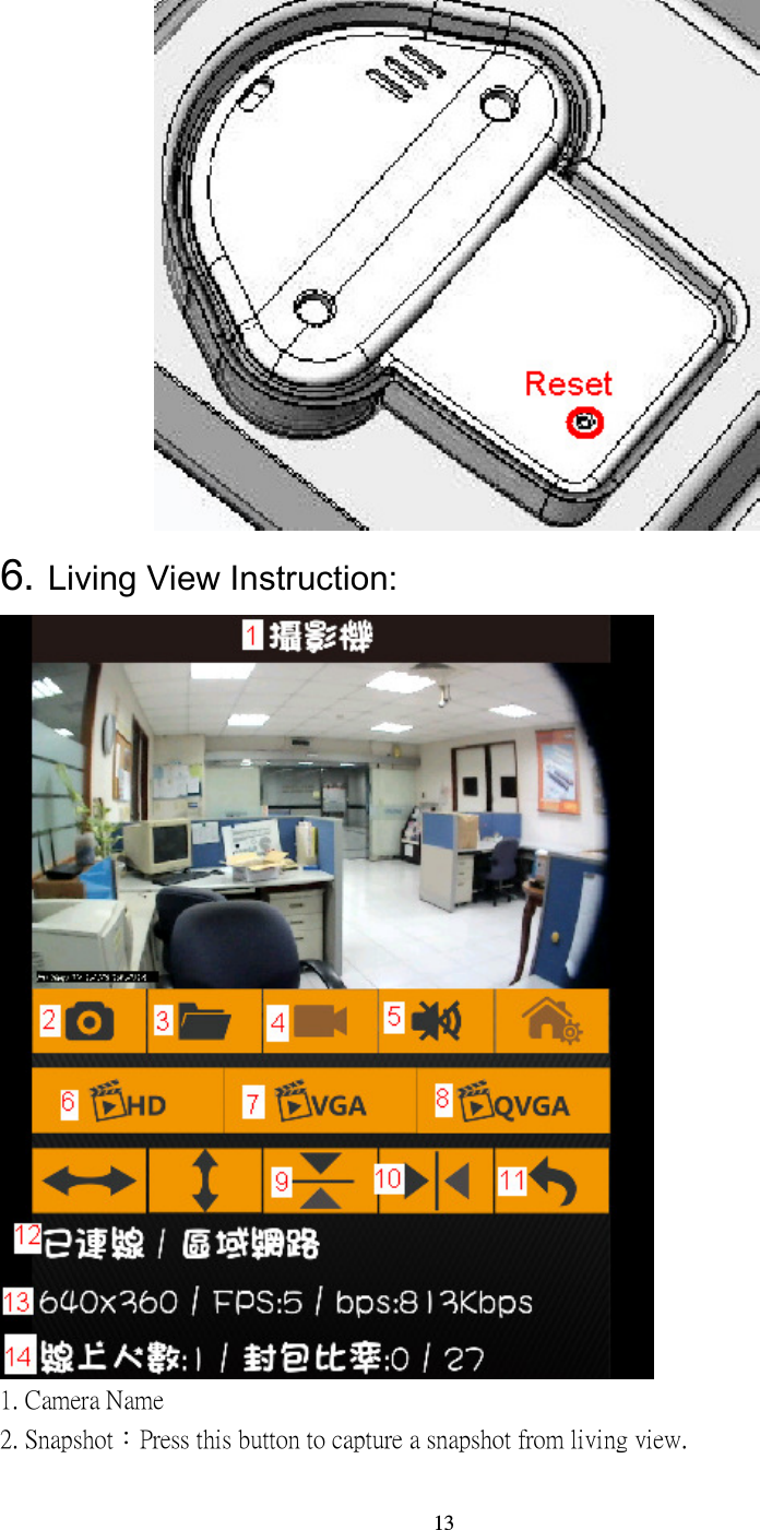  13               6. Living View Instruction:  1. Camera Name 2. Snapshot：Press this button to capture a snapshot from living view. 