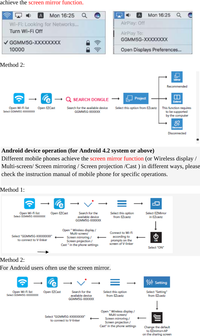 achieve the screen mirror function.  Method 2: * Android device operation (for Android 4.2 system or above) Different mobile phones achieve the screen mirror function (or Wireless display / Multi-screen/ Screen mirroring / Screen projection /Cast ) in different ways, please check the instruction manual of mobile phone for specific operations.  Method 1:  Method 2: For Android users often use the screen mirror.  