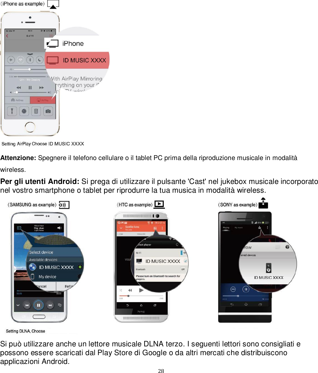   28  Attenzione: Spegnere il telefono cellulare o il tablet PC prima della riproduzione musicale in modalità wireless. Per gli utenti Android: Si prega di utilizzare il pulsante &apos;Cast&apos; nel jukebox musicale incorporato nel vostro smartphone o tablet per riprodurre la tua musica in modalità wireless.  Si può utilizzare anche un lettore musicale DLNA terzo. I seguenti lettori sono consigliati e possono essere scaricati dal Play Store di Google o da altri mercati che distribuiscono applicazioni Android.  