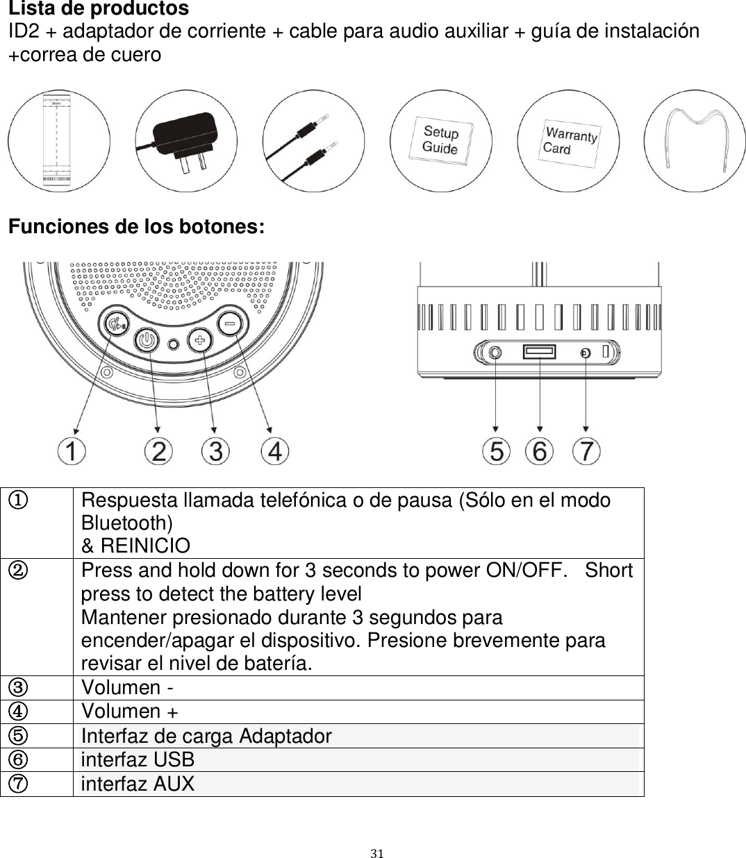   31 Lista de productos ID2 + adaptador de corriente + cable para audio auxiliar + guía de instalación +correa de cuero    Funciones de los botones:    ① Respuesta llamada telefónica o de pausa (Sólo en el modo Bluetooth) &amp; REINICIO  ② Press and hold down for 3 seconds to power ON/OFF.   Short press to detect the battery level Mantener presionado durante 3 segundos para encender/apagar el dispositivo. Presione brevemente para revisar el nivel de batería. ③ Volumen - ④ Volumen + ⑤ Interfaz de carga Adaptador ⑥ interfaz USB ⑦ interfaz AUX   