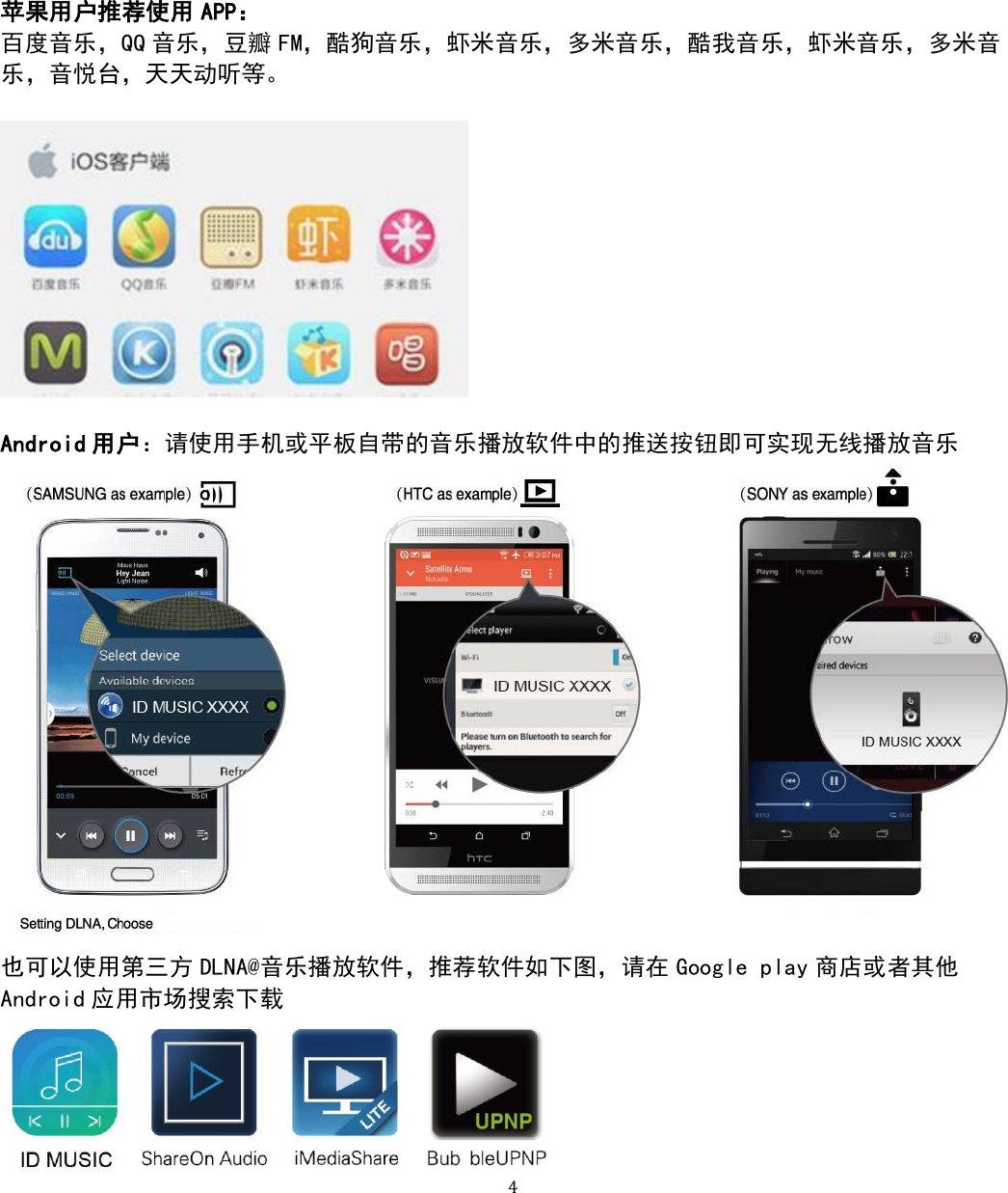   4 苹果用户推荐使用 APP： 百度音乐，QQ 音乐，豆瓣 FM，酷狗音乐，虾米音乐，多米音乐，酷我音乐，虾米音乐，多米音乐，音悦台，天天动听等。    Android 用户：请使用手机或平板自带的音乐播放软件中的推送按钮即可实现无线播放音乐  也可以使用第三方 DLNA@音乐播放软件，推荐软件如下图，请在 Google play 商店或者其他Android 应用市场搜索下载  