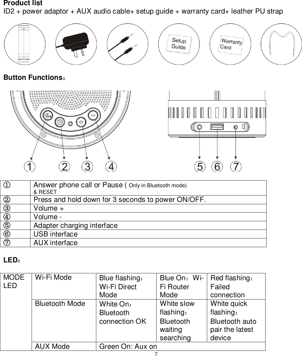   7 Product list ID2 + power adaptor + AUX audio cable+ setup guide + warranty card+ leather PU strap    Button Functions：    ① Answer phone call or Pause ( Only in Bluetooth mode) &amp; RESET ② Press and hold down for 3 seconds to power ON/OFF.   ③ Volume + ④ Volume - ⑤ Adapter charging interface ⑥ USB interface ⑦ AUX interface  LED：  MODE LED Wi-Fi Mode Blue flashing：Wi-Fi Direct Mode Blue On：Wi-Fi Router Mode Red flashing：Failed connection Bluetooth Mode White On：Bluetooth connection OK White slow flashing：Bluetooth waiting searching  White quick flashing：Bluetooth auto pair the latest device AUX Mode Green On: Aux on 