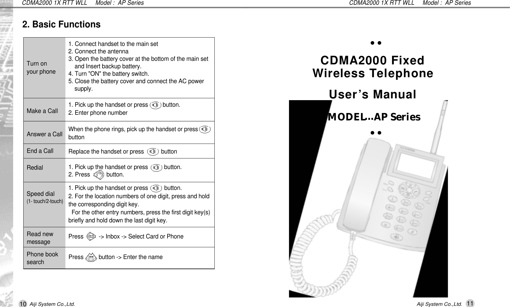 10 11Aiji System Co.,Ltd. Aiji System Co.,Ltd.CDMA2000 1X RTT WLL     Model :  AP SeriesCDMA2000 1X RTT WLL     Model :  AP Series2. Basic FunctionsTurn on your phoneMake a CallAnswer a CallEnd a CallR e d i a lSpeed dial(1- touch/2-touch)Read newm e s s a g ePhone books e a r c h1. Connect handset to the main set2. Connect the antenna3. Open the battery cover at the bottom of the main set and Insert backup battery.4. Turn "ON" the battery switch.5. Close the battery cover and connect the AC power s u p p l y .1. Pick up the handset or press   b u t t o n .2. Enter phone numberWhen the phone rings, pick up the handset or pressb u t t o nReplace the handset or press   b u t t o n1. Pick up the handset or press   b u t t o n .2. Press b u t t o n .1. Pick up the handset or press   b u t t o n .2. For the location numbers of one digit, press and holdthe corresponding digit key.For the other entry numbers, press the first digit key(s)briefly and hold down the last digit key.Press  -> Inbox -> Select Card or PhonePress   button -> Enter the name CDMA2000 Fixed Wireless Te l e p h o n eU s e r&rsquo;s ManualMODEL&hellip;AP Series