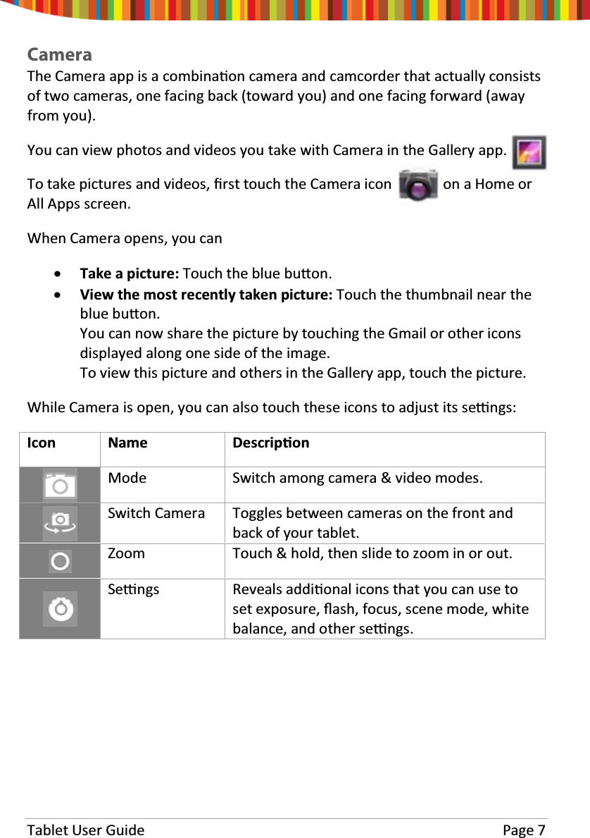 Tablet User Guide Page 7CameraThe Camera app is a combinaƟon camera and camcorder that actually consistsof two cameras, one facing back (toward you) and one facing forward (awayfrom you).You can view photos and videos you take with Camera in the Gallery app.To take pictures and videos, Įrst touch the Camera icon on a Home orAll Apps screen.When Camera opens, you canxTake a picture: Touch the blue buƩon.xView the most recently taken picture: Touch the thumbnail near theblue buƩon.You can now share the picture by touching the Gmail or other iconsdisplayed along one side of the image.To view this picture and others in the Gallery app, touch the picture.While Camera is open, you can also touch these icons to adjust its seƫngs:Icon Name DescripƟonMode Switch among camera &amp; video modes.Switch Camera Toggles between cameras on the front andback of your tablet.Zoom Touch&amp;hold,thenslidetozoominorout.Seƫngs Reveals addiƟonal icons that you can use toset exposure, Ňash, focus, scene mode, whitebalance, and other seƫngs.