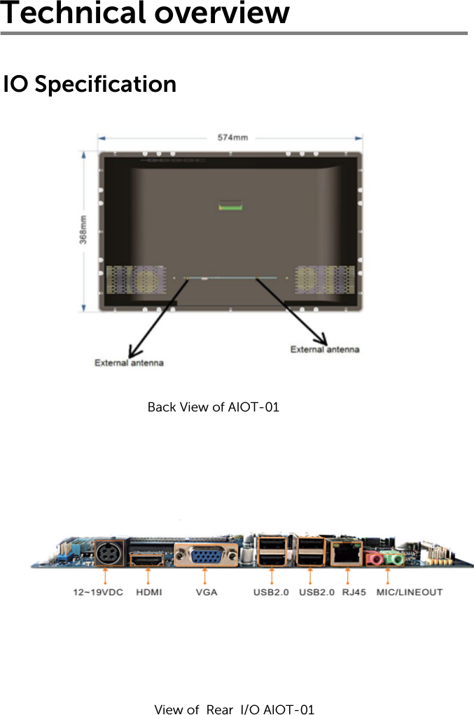 Technical overviewIO SpecificationBack View of AIOT-01View of  Rear  I/O AIOT-01