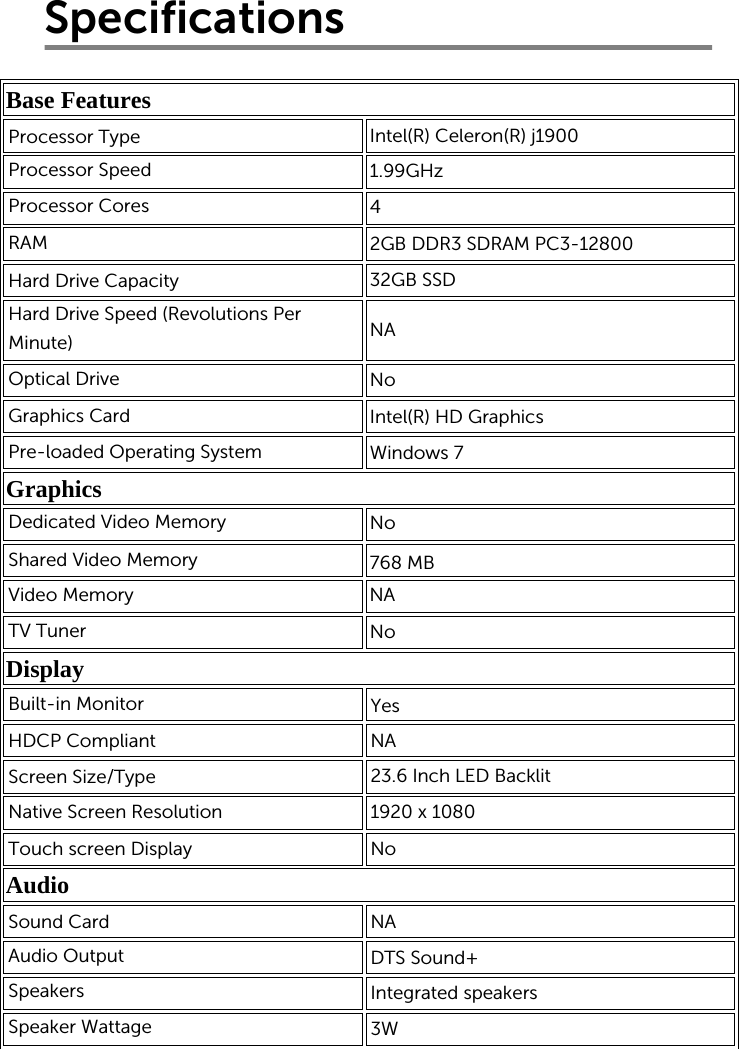 SpecificationsBase Features         Graphics     Display    Audio     Processor Type Intel(R) Celeron(R) j1900Processor Speed 1.99GHz Processor Cores 4RAM 2GB DDR3 SDRAM PC3-12800Hard Drive Capacity 32GB SSD Hard Drive Speed (Revolutions PerMinute)  NAOptical Drive NoGraphics Card Intel(R) HD Graphics Pre-loaded Operating System Windows 7 Dedicated Video Memory NoNoShared Video MemoryVideo MemoryTV TunerBuilt-in Monitor HDCP CompliantScreen Size/TypeNative Screen ResolutionTouch screen Display Sound CardAudio OutputSpeakersSpeaker Wattage768 MBNANAYes23.6 Inch LED Backlit 1920 x 1080 NoNADTS Sound+ Integrated speakers3W