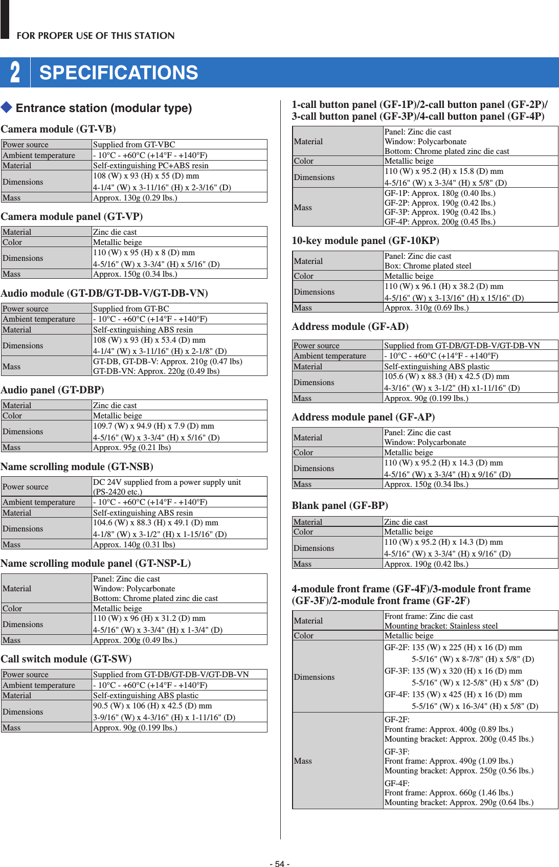 - 54 -FOR PROPER USE OF THIS STATION 2 SPECIFICATIONS Entrance station (modular type)Camera module (GT-VB)Power source Supplied from GT-VBCAmbient temperature - 10°C - +60°C (+14°F - +140°F)Material Self-extinguishing PC+ABS resinDimensions 108 (W) x 93 (H) x 55 (D) mm4-1/4&quot; (W) x 3-11/16&quot; (H) x 2-3/16&quot; (D)Mass Approx. 130g (0.29 lbs.) Camera module panel (GT-VP)Material Zinc die castColor Metallic beigeDimensions 110 (W) x 95 (H) x 8 (D) mm4-5/16&quot; (W) x 3-3/4&quot; (H) x 5/16&quot; (D)Mass Approx. 150g (0.34 lbs.) Audio module (GT-DB/GT-DB-V/GT-DB-VN)Power source Supplied from GT-BCAmbient temperature - 10°C - +60°C (+14°F - +140°F)Material Self-extinguishing ABS resinDimensions 108 (W) x 93 (H) x 53.4 (D) mm4-1/4&quot; (W) x 3-11/16&quot; (H) x 2-1/8&quot; (D)Mass GT-DB, GT-DB-V: Approx. 210g (0.47 lbs)GT-DB-VN: Approx. 220g (0.49 lbs)Audio panel (GT-DBP)Material Zinc die castColor Metallic beigeDimensions 109.7 (W) x 94.9 (H) x 7.9 (D) mm4-5/16&quot; (W) x 3-3/4&quot; (H) x 5/16&quot; (D)Mass Approx. 95g (0.21 lbs)Name scrolling module (GT-NSB)Power source DC 24V supplied from a power supply unit (PS-2420 etc.)Ambient temperature - 10°C - +60°C (+14°F - +140°F)Material Self-extinguishing ABS resinDimensions 104.6 (W) x 88.3 (H) x 49.1 (D) mm4-1/8&quot; (W) x 3-1/2&quot; (H) x 1-15/16&quot; (D)Mass Approx. 140g (0.31 lbs)Name scrolling module panel (GT-NSP-L)MaterialPanel: Zinc die castWindow: PolycarbonateBottom: Chrome plated zinc die castColor Metallic beigeDimensions 110 (W) x 96 (H) x 31.2 (D) mm4-5/16&quot; (W) x 3-3/4&quot; (H) x 1-3/4&quot; (D)Mass Approx. 200g (0.49 lbs.) Call switch module (GT-SW)Power source Supplied from GT-DB/GT-DB-V/GT-DB-VNAmbient temperature - 10°C - +60°C (+14°F - +140°F)Material Self-extinguishing ABS plasticDimensions 90.5 (W) x 106 (H) x 42.5 (D) mm3-9/16&quot; (W) x 4-3/16&quot; (H) x 1-11/16&quot; (D)Mass Approx. 90g (0.199 lbs.)1-call button panel (GF-1P)/2-call button panel (GF-2P)/3-call button panel (GF-3P)/4-call button panel (GF-4P)MaterialPanel: Zinc die castWindow: PolycarbonateBottom: Chrome plated zinc die castColor Metallic beigeDimensions 110 (W) x 95.2 (H) x 15.8 (D) mm4-5/16&quot; (W) x 3-3/4&quot; (H) x 5/8&quot; (D)MassGF-1P: Approx. 180g (0.40 lbs.)GF-2P: Approx. 190g (0.42 lbs.)GF-3P: Approx. 190g (0.42 lbs.)GF-4P: Approx. 200g (0.45 lbs.)10-key module panel (GF-10KP)Material Panel: Zinc die castBox: Chrome plated steelColor Metallic beigeDimensions 110 (W) x 96.1 (H) x 38.2 (D) mm4-5/16&quot; (W) x 3-13/16&quot; (H) x 15/16&quot; (D)Mass Approx. 310g (0.69 lbs.)Address module (GF-AD)Power source Supplied from GT-DB/GT-DB-V/GT-DB-VNAmbient temperature - 10°C - +60°C (+14°F - +140°F)Material Self-extinguishing ABS plasticDimensions 105.6 (W) x 88.3 (H) x 42.5 (D) mm4-3/16&quot; (W) x 3-1/2&quot; (H) x1-11/16&quot; (D)Mass Approx. 90g (0.199 lbs.)Address module panel (GF-AP)Material Panel: Zinc die castWindow: PolycarbonateColor Metallic beigeDimensions 110 (W) x 95.2 (H) x 14.3 (D) mm4-5/16&quot; (W) x 3-3/4&quot; (H) x 9/16&quot; (D)Mass Approx. 150g (0.34 lbs.)Blank panel (GF-BP)Material Zinc die castColor Metallic beigeDimensions 110 (W) x 95.2 (H) x 14.3 (D) mm4-5/16&quot; (W) x 3-3/4&quot; (H) x 9/16&quot; (D)Mass Approx. 190g (0.42 lbs.)4-module front frame (GF-4F)/3-module front frame (GF-3F)/2-module front frame (GF-2F)Material Front frame: Zinc die castMounting bracket: Stainless steelColor Metallic beigeDimensionsGF-2F: 135 (W) x 225 (H) x 16 (D) mm5-5/16&quot; (W) x 8-7/8&quot; (H) x 5/8&quot; (D)GF-3F: 135 (W) x 320 (H) x 16 (D) mm5-5/16&quot; (W) x 12-5/8&quot; (H) x 5/8&quot; (D)GF-4F: 135 (W) x 425 (H) x 16 (D) mm5-5/16&quot; (W) x 16-3/4&quot; (H) x 5/8&quot; (D)MassGF-2F: Front frame: Approx. 400g (0.89 lbs.)Mounting bracket: Approx. 200g (0.45 lbs.)GF-3F: Front frame: Approx. 490g (1.09 lbs.)Mounting bracket: Approx. 250g (0.56 lbs.)GF-4F:Front frame: Approx. 660g (1.46 lbs.)Mounting bracket: Approx. 290g (0.64 lbs.)