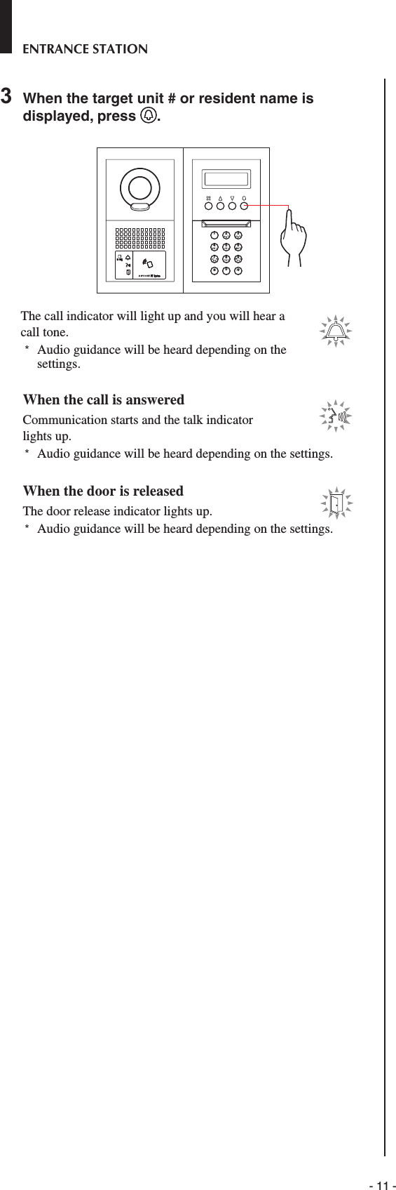 - 11 -ENTRANCE STATION3  When the target unit # or resident name is displayed, press  .2BAC3EDF5KJL8UTV4HGI6NMO109YXWZ7RQPSThe call indicator will light up and you will hear a call tone. *  Audio guidance will be heard depending on the settings.When the call is answeredCommunication starts and the talk indicator lights up. *  Audio guidance will be heard depending on the settings.When the door is releasedThe door release indicator lights up. *  Audio guidance will be heard depending on the settings.