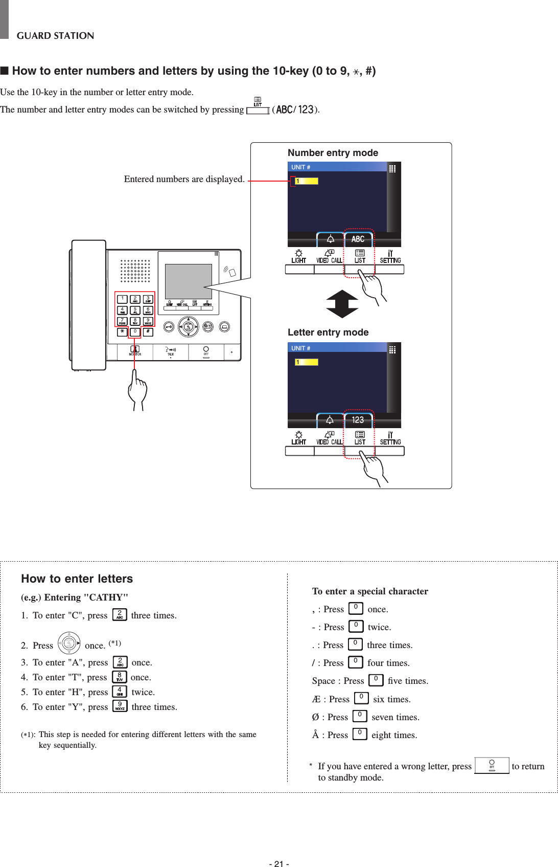 - 21 -GUARD STATION■ How to enter numbers and letters by using the 10-key (0 to 9,  , #)Use the 10-key in the number or letter entry mode.The number and letter entry modes can be switched by pressing   ( / ). WIDE ADJUSTZOOMUNIT #1UNIT #1Number entry modeLetter entry modeEntered numbers are displayed.How to enter letters(e.g.) Entering &quot;CATHY&quot;1.  To enter &quot;C&quot;, press  three times.2.  Press WIDEZOOM once. (*1)3.  To enter &quot;A&quot;, press  once.4.  To enter &quot;T&quot;, press  once.5.  To enter &quot;H&quot;, press  twice.6.  To enter &quot;Y&quot;, press  three times.(*1):  This step is needed for entering different letters with the same key sequentially.To enter a special character, : Press   once.- : Press   twice.. : Press   three times./ : Press   four times.Space : Press   ﬁ ve times.Æ : Press   six times.Ø : Press   seven times.Å : Press   eight times.*  If you have entered a wrong letter, press   to return to standby mode.