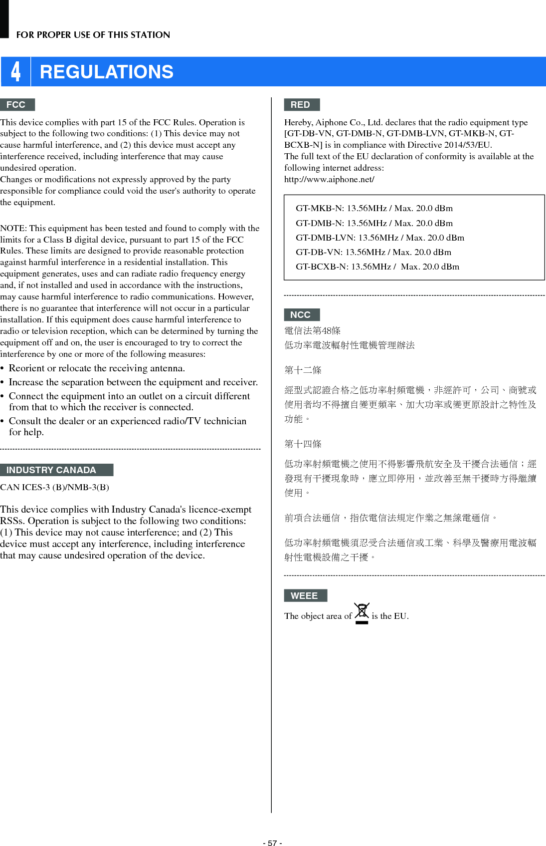 - 57 -FOR PROPER USE OF THIS STATION 4 REGULATIONSFCCThis device complies with part 15 of the FCC Rules. Operation is subject to the following two conditions: (1) This device may not cause harmful interference, and (2) this device must accept any interference received, including interference that may cause undesired operation.Changes or modiﬁ cations not expressly approved by the party responsible for compliance could void the user&apos;s authority to operate the equipment.NOTE: This equipment has been tested and found to comply with the limits for a Class B digital device, pursuant to part 15 of the FCC Rules. These limits are designed to provide reasonable protection against harmful interference in a residential installation. This equipment generates, uses and can radiate radio frequency energy and, if not installed and used in accordance with the instructions, may cause harmful interference to radio communications. However, there is no guarantee that interference will not occur in a particular installation. If this equipment does cause harmful interference to radio or television reception, which can be determined by turning the equipment off and on, the user is encouraged to try to correct the interference by one or more of the following measures:•  Reorient or relocate the receiving antenna.•  Increase the separation between the equipment and receiver.•  Connect the equipment into an outlet on a circuit different from that to which the receiver is connected.•  Consult the dealer or an experienced radio/TV technician for help.INDUSTRY CANADACAN ICES-3 (B)/NMB-3(B)This device complies with Industry Canada&apos;s licence-exempt RSSs. Operation is subject to the following two conditions: (1) This device may not cause interference; and (2) This device must accept any interference, including interference that may cause undesired operation of the device.REDHereby, Aiphone Co., Ltd. declares that the radio equipment type [GT-DB-VN, GT-DMB-N, GT-DMB-LVN, GT-MKB-N, GT-BCXB-N] is in compliance with Directive 2014/53/EU.The full text of the EU declaration of conformity is available at the following internet address: http://www.aiphone.net/GT-MKB-N: 13.56MHz / Max. 20.0 dBmGT-DMB-N: 13.56MHz / Max. 20.0 dBm GT-DMB-LVN: 13.56MHz / Max. 20.0 dBmGT-DB-VN: 13.56MHz / Max. 20.0 dBmGT-BCXB-N: 13.56MHz /  Max. 20.0 dBmNCC電信法第48條低功率電波輻射性電機管理辦法第十二條經型式認證合格之低功率射頻電機，非經許可，公司、商號或使用者均不得擅自變更頻率、加大功率或變更原設計之特性及功能。第十四條低功率射頻電機之使用不得影響飛航安全及干擾合法通信；經發現有干擾現象時，應立即停用，並改善至無干擾時方得繼續使用。前項合法通信，指依電信法規定作業之無線電通信。低功率射頻電機須忍受合法通信或工業、科學及醫療用電波輻射性電機設備之干擾。WEEEThe object area of   is the EU.