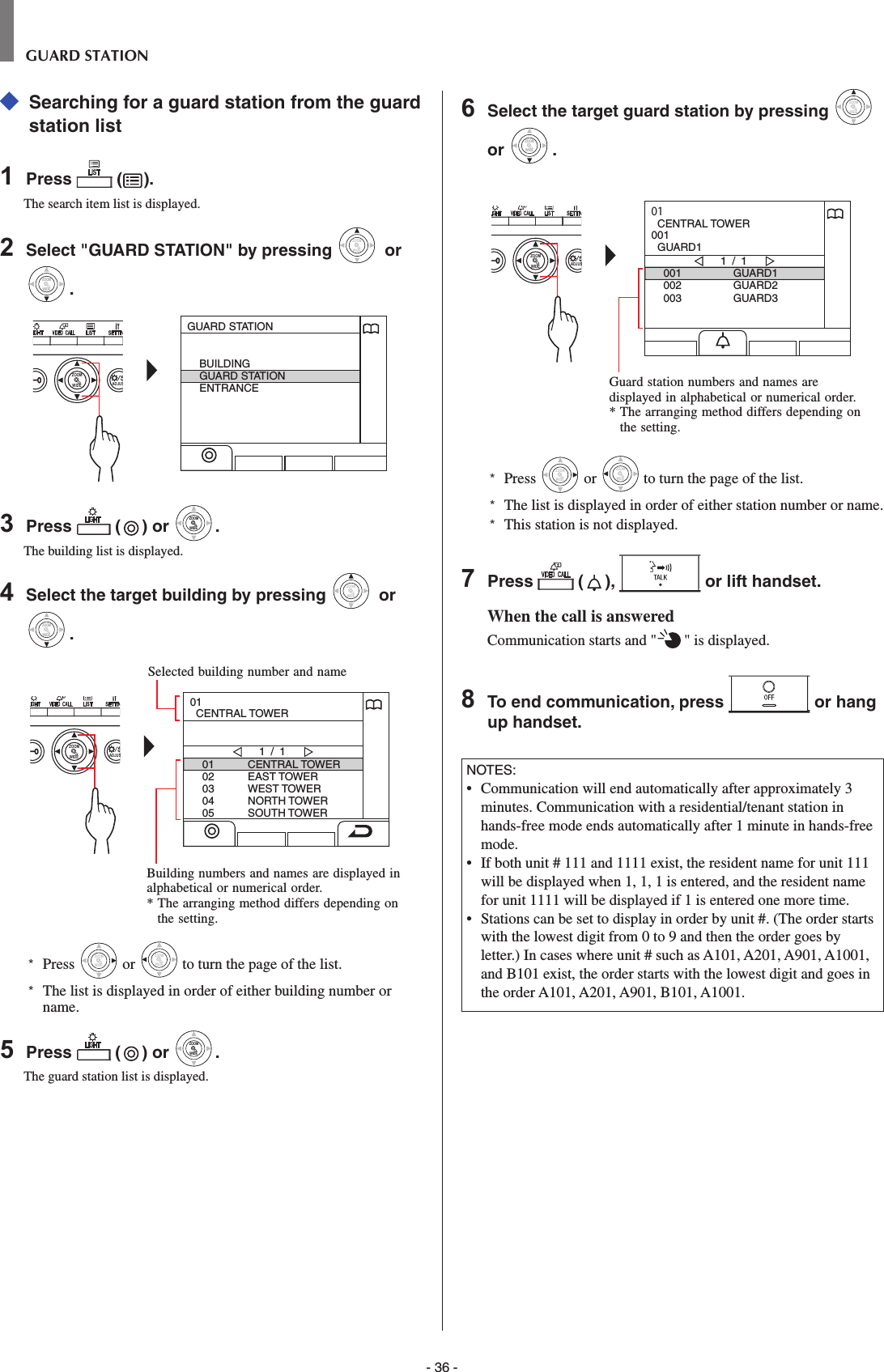 - 36 -GUARD STATION   Searching for a guard station from the guard station list1  Press   ( ).The search item list is displayed.2  Select &quot;GUARD STATION&quot; by pressing WIDEZOOM or WIDEZOOMWIDEZOOM.WIDE ADJUSZOOMGUARD STATIONBUILDINGGUARD STATIONENTRANCE3  Press   ( ) or WIDEZOOMWIDEZOOM.The building list is displayed.4  Select the target building by pressing WIDEZOOM or WIDEZOOMWIDEZOOM.WIDE ADJUSZOOM0102030405CENTRAL TOWEREAST TOWERWEST TOWERNORTH TOWERSOUTH TOWER1 / 101  CENTRAL TOWER*  Press WIDEZOOM or WIDEZOOM to turn the page of the list.*   The list is displayed in order of either building number or name.5  Press   ( ) or WIDEZOOMWIDEZOOM.The guard station list is displayed.6  Select the target guard station by pressing WIDEZOOM or WIDEZOOMWIDEZOOM.WIDE ADJUSZOOM001002003GUARD1GUARD2GUARD31 / 101  CENTRAL TOWER001  GUARD1*  Press WIDEZOOM or WIDEZOOM to turn the page of the list.*   The list is displayed in order of either station number or name.*  This station is not displayed.7  Press   ( ),   or lift handset.When the call is answeredCommunication starts and &quot; &quot; is displayed. 8  To end communication, press   or hang up handset.NOTES:•  Communication will end automatically after approximately 3 minutes. Communication with a residential/tenant station in hands-free mode ends automatically after 1 minute in hands-free mode.•   If both unit # 111 and 1111 exist, the resident name for unit 111 will be displayed when 1, 1, 1 is entered, and the resident name for unit 1111 will be displayed if 1 is entered one more time.•   Stations can be set to display in order by unit #. (The order starts with the lowest digit from 0 to 9 and then the order goes by letter.) In cases where unit # such as A101, A201, A901, A1001, and B101 exist, the order starts with the lowest digit and goes in the order A101, A201, A901, B101, A1001.Selected building number and nameBuilding numbers and names are displayed in alphabetical or numerical order.*  The arranging method differs depending on the setting.Guard station numbers and names are displayed in alphabetical or numerical order.*  The arranging method differs depending on the setting.
