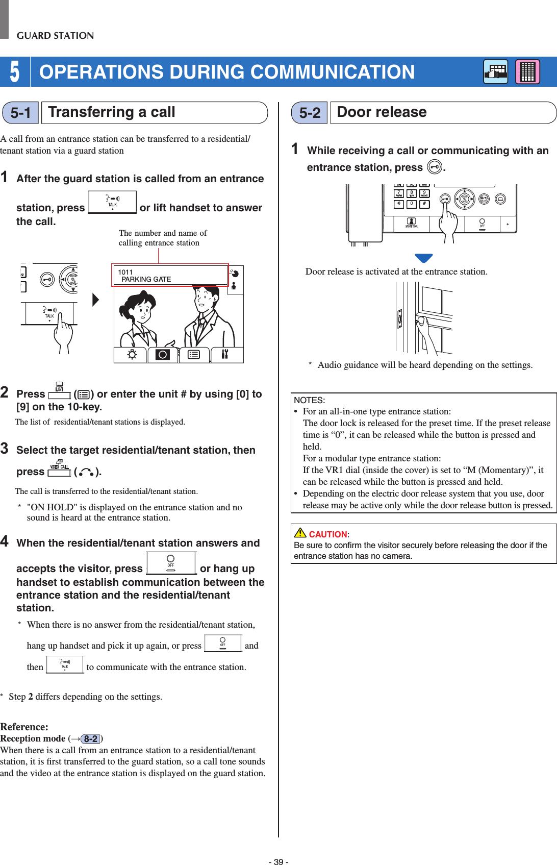 - 39 -GUARD STATION 5 OPERATIONS DURING COMMUNICATIONA call from an entrance station can be transferred to a residential/tenant station via a guard station1  After the guard station is called from an entrance station, press   or lift handset to answer the call.WIDEZOOM1011PARKING GATE2  Press   ( ) or enter the unit # by using [0] to [9] on the 10-key.The list of  residential/tenant stations is displayed.3  Select the target residential/tenant station, then press   ( ).The call is transferred to the residential/tenant station.*  &quot;ON HOLD&quot; is displayed on the entrance station and no sound is heard at the entrance station.4  When the residential/tenant station answers and accepts the visitor, press   or hang up handset to establish communication between the entrance station and the residential/tenant station.*  When there is no answer from the residential/tenant station, hang up handset and pick it up again, or press   and then   to communicate with the entrance station.*   Step  2 differs depending on the settings.Reference: Reception mode (→8-2 )When there is a call from an entrance station to a residential/tenant station, it is ﬁ rst transferred to the guard station, so a call tone sounds and the video at the entrance station is displayed on the guard station.1  While receiving a call or communicating with an entrance station, press  .WIDE ADJUSTZOOMDoor release is activated at the entrance station. *  Audio guidance will be heard depending on the settings.NOTES:•   For an all-in-one type entrance station: The door lock is released for the preset time. If the preset release time is “0”, it can be released while the button is pressed and held.   For a modular type entrance station: If the VR1 dial (inside the cover) is set to “M (Momentary)”, it can be released while the button is pressed and held.•   Depending on the electric door release system that you use, door release may be active only while the door release button is pressed. CAUTION: Be sure to conﬁ rm the visitor securely before releasing the door if the entrance station has no camera.The number and name of calling entrance station Door releaseTransferring a call 5-25-1