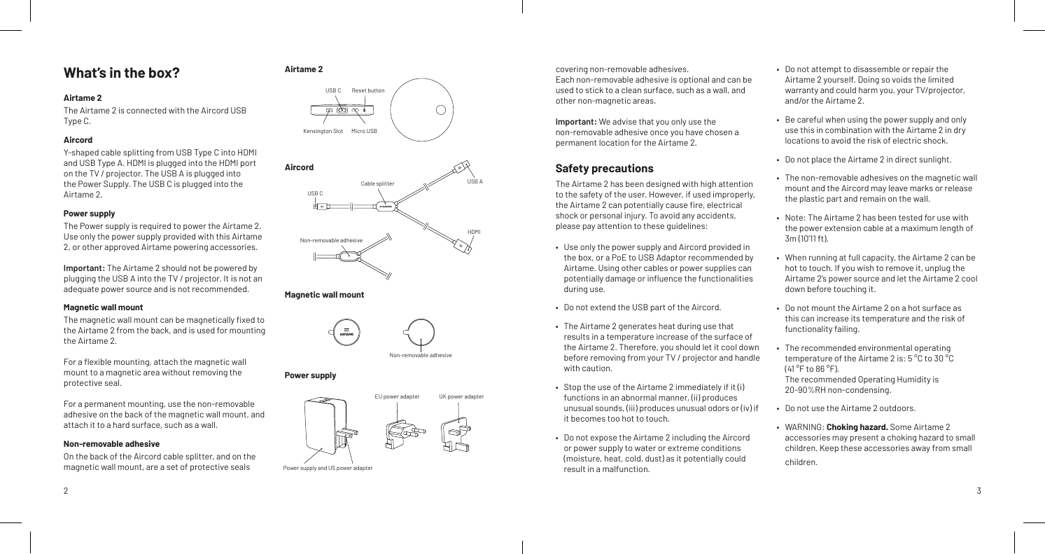 Page 2 of AIRTAME APS AT-DG2 The Airtame 2 is an all-in-one wireless screen sharing solution. User Manual Safety manual