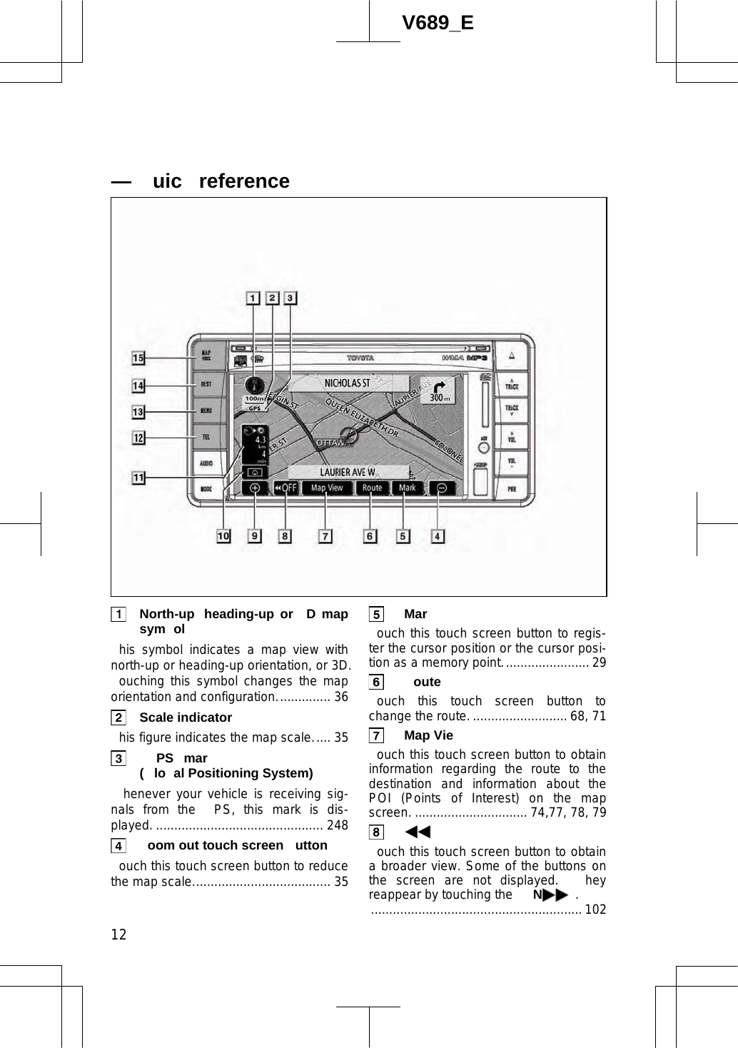  12V689_E   North-up  heading-up or  D map sym ol his symbol indicates a map view with north-up or heading-up orientation, or 3D.  ouching this symbol changes the map orientation and configuration............... 36  Scale indicator his figure indicates the map scale..... 35  PS  mar   ( lo al Positioning System) henever your vehicle is receiving sig-nals from the  PS, this mark is dis-played. .............................................. 248   oom out touch screen  utton ouch this touch screen button to reduce the map scale...................................... 35  Mar  ouch this touch screen button to regis-ter the cursor position or the cursor posi-tion as a memory point........................29  oute  ouch this touch screen button to change the route........................... 68, 71  Map Vie  ouch this touch screen button to obtain information regarding the route to the destination and information about the POI (Points of Interest) on the map screen. ............................... 74,77, 78, 79  ouch this touch screen button to obtain a broader view. Some of the buttons on the screen are not displayed.   hey reappear by touching the  N........................................................... 102— uic  reference 