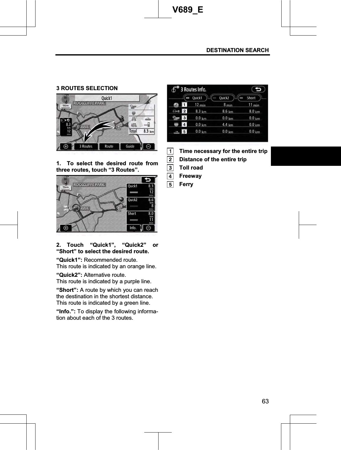 DESTINATION SEARCH  63V689_E 3 ROUTES SELECTION 1.  To select the desired route from three routes, touch “3 Routes”. 2. Touch “Quick1”, “Quick2” or “Short” to select the desired route. “Quick1”: Recommended route. This route is indicated by an orange line. “Quick2”: Alternative route. This route is indicated by a purple line. “Short”: A route by which you can reach the destination in the shortest distance. This route is indicated by a green line. “Info.”: To display the following informa-tion about each of the 3 routes.   Time necessary for the entire trip   Distance of the entire trip  Toll road  Freeway  Ferry 