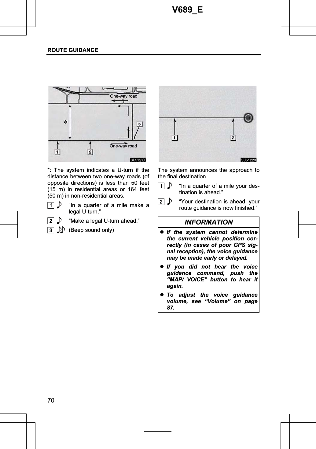 ROUTE GUIDANCE 70V689_E *: The system indicates a U-turn if the distance between two one-way roads (of opposite directions) is less than 50 feet (15 m) in residential areas or 164 feet (50 m) in non-residential areas.   “In a quarter of a mile make a legal U-turn.”   “Make a legal U-turn ahead.”  (Beep sound only) The system announces the approach to the final destination.   “In a quarter of a mile your des-tination is ahead.”   “Your destination is ahead, your route guidance is now finished.” INFORMATION zIf the system cannot determine the current vehicle position cor-rectly (in cases of poor GPS sig-nal reception), the voice guidance may be made early or delayed. zIf you did not hear the voice guidance command, push the “MAP/ VOICE” button to hear it again. zTo adjust the voice guidance volume, see “Volume” on page 87.One-way roadOne-way road