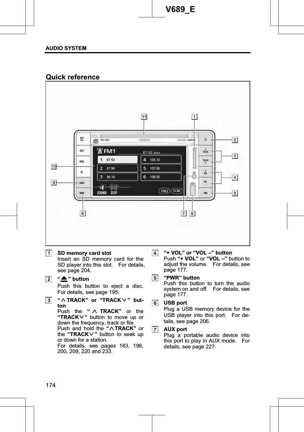 AUDIO SYSTEM 174V689_E   SD memory card slot Insert an SD memory card for the SD player into this slot.    For details, see page 204.  “ ” button Push this button to eject a disc.  For details, see page 195.  “ TRACK” or “TRACK ” but-tonPush the “TRACK” or the“TRACK ” button to move up or down the frequency, track or file.     Push and hold the “TRACK” or the “TRACK ” button to seek up or down for a station.     For details, see pages 183, 196, 200, 209, 220 and 233.   “+ VOL” or “VOL –” button Push “+ VOL” or “VOL –” button to adjust the volume.    For details, see page 177.  “PWR” button Push this button to turn the audio system on and off.    For details, see page 177.  USB port Plug a USB memory device for the USB player into this port.  For de-tails, see page 206.  AUX port Plug a portable audio device into this port to play in AUX mode.    For details, see page 227. Quick reference 