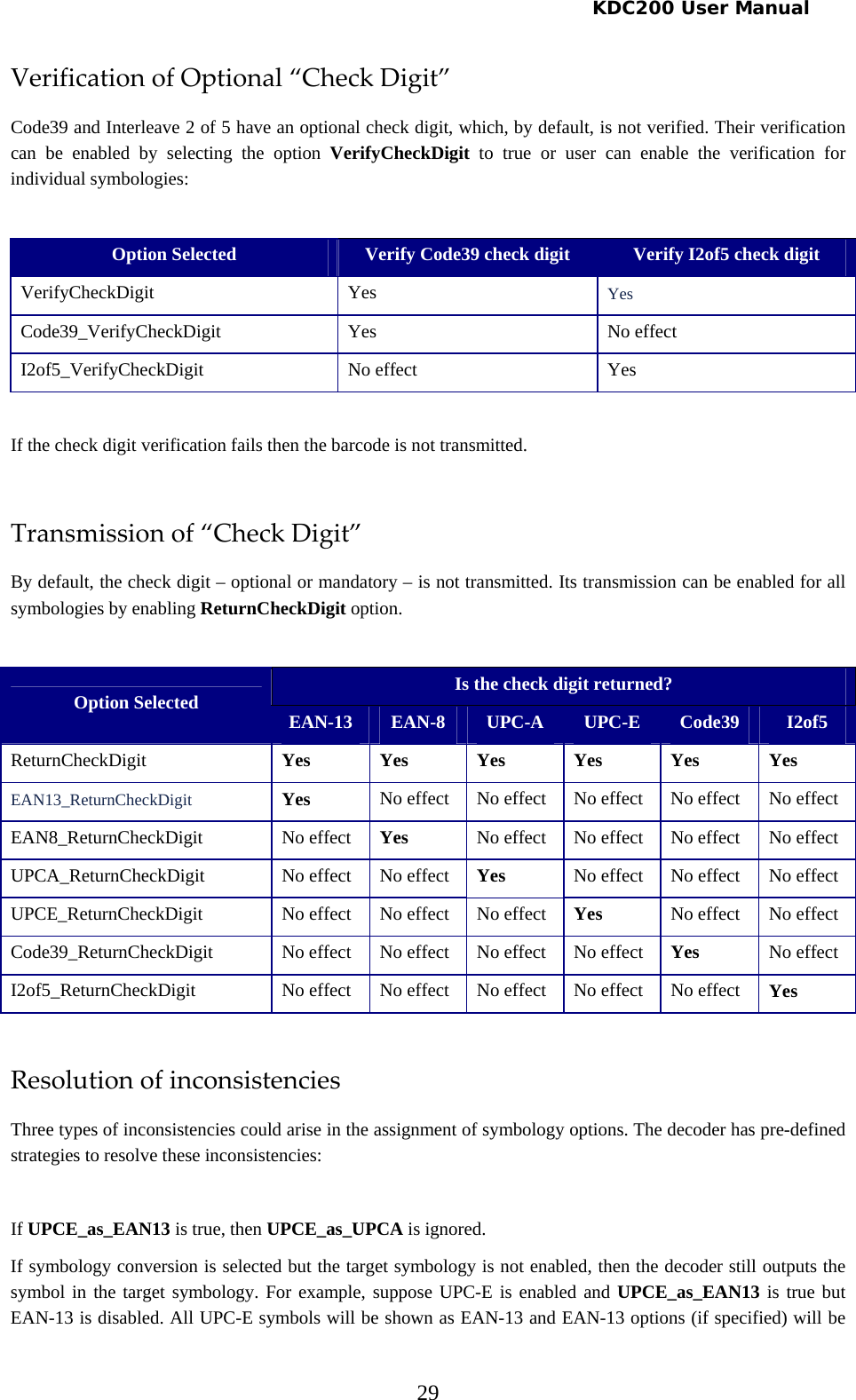   KDC200 User Manual 29 VerificationofOptional“CheckDigit”Code39 and Interleave 2 of 5 have an optional check digit, which, by default, is not verified. Their verification can be enabled by selecting the option VerifyCheckDigit to true or user can enable the verification for individual symbologies:  Option Selected  Verify Code39 check digit  Verify I2of5 check digit VerifyCheckDigit Yes  Yes Code39_VerifyCheckDigit Yes  No effect I2of5_VerifyCheckDigit No effect  Yes  If the check digit verification fails then the barcode is not transmitted.   Transmissionof“CheckDigit”By default, the check digit – optional or mandatory – is not transmitted. Its transmission can be enabled for all symbologies by enabling ReturnCheckDigit option.   Is the check digit returned? Option Selected  EAN-13 EAN-8  UPC-A  UPC-E  Code39  I2of5 ReturnCheckDigit  Yes Yes Yes Yes Yes Yes EAN13_ReturnCheckDigit  Yes  No effect  No effect  No effect  No effect  No effect EAN8_ReturnCheckDigit No effect Yes  No effect  No effect  No effect  No effect UPCA_ReturnCheckDigit No effect  No effect  Yes No effect  No effect No effect UPCE_ReturnCheckDigit No effect  No effect  No effect  Yes No effect  No effect Code39_ReturnCheckDigit No effect No effect  No effect No effect Yes No effect I2of5_ReturnCheckDigit No effect  No effect  No effect  No effect  No effect  Yes  ResolutionofinconsistenciesThree types of inconsistencies could arise in the assignment of symbology options. The decoder has pre-defined strategies to resolve these inconsistencies:  If UPCE_as_EAN13 is true, then UPCE_as_UPCA is ignored. If symbology conversion is selected but the target symbology is not enabled, then the decoder still outputs the symbol in the target symbology. For example, suppose UPC-E is enabled and UPCE_as_EAN13 is true but EAN-13 is disabled. All UPC-E symbols will be shown as EAN-13 and EAN-13 options (if specified) will be 