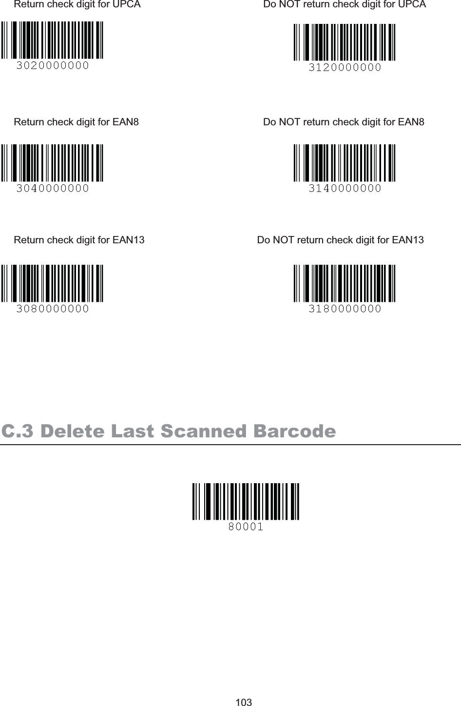 KDC200 User Manual 103 Return check digit for UPCA  Do NOT return check digit for UPCA Return check digit for EAN8  Do NOT return check digit for EAN8 Return check digit for EAN13  Do NOT return check digit for EAN13 C.3 Delete Last Scanned Barcode 