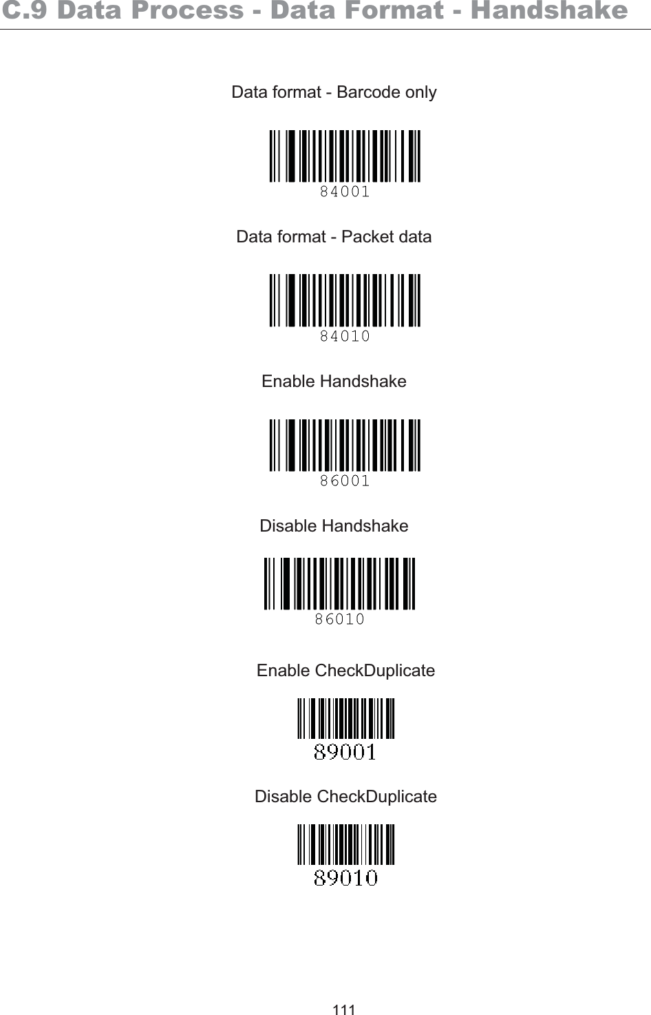 KDC200 User Manual 111 C.9 Data Process - Data Format - Handshake Data format - Barcode only Data format - Packet data Enable Handshake Disable Handshake Enable CheckDuplicate Disable CheckDuplicate 