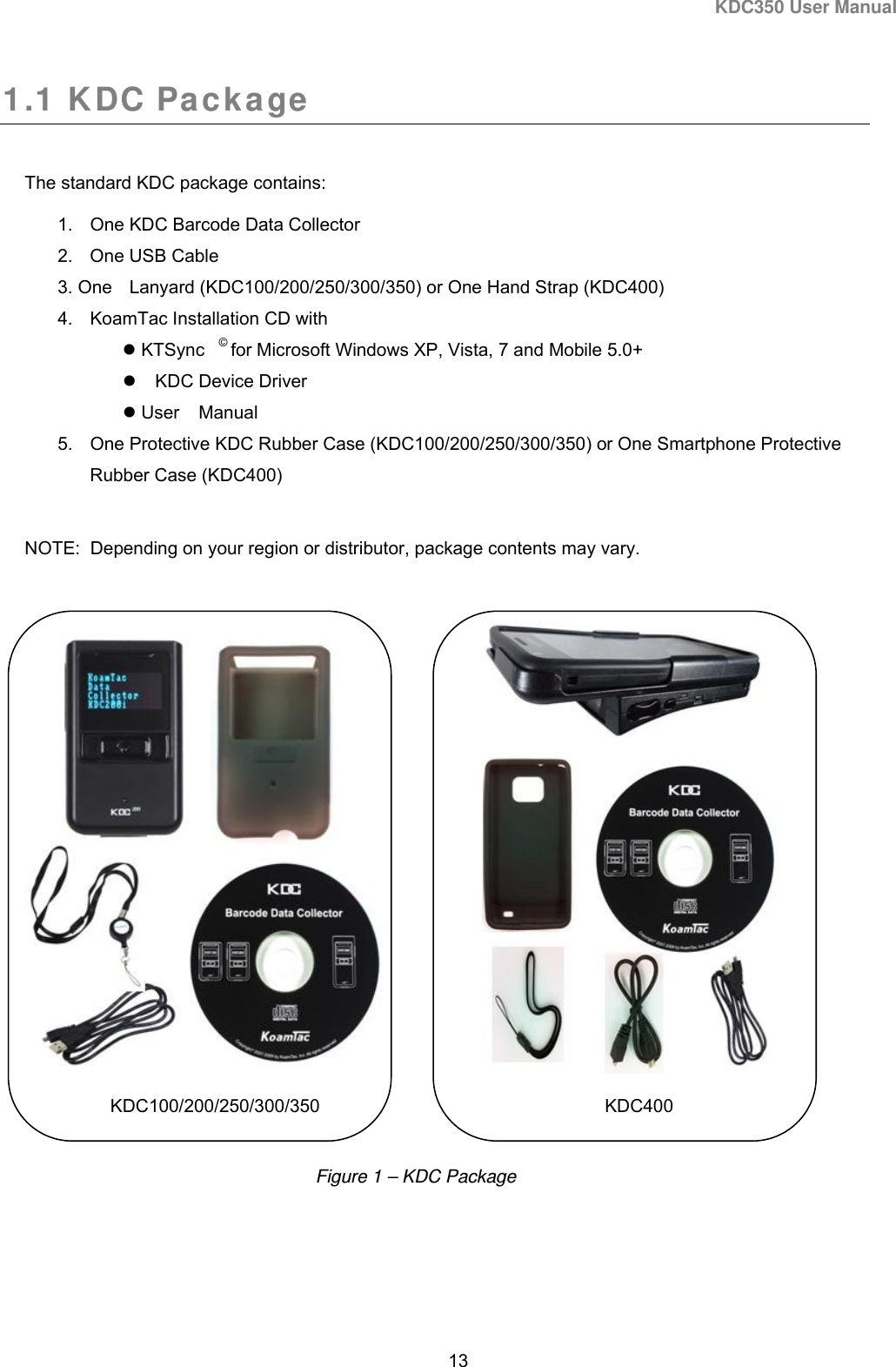 KDC350 User Manual  13  1.1 KDC Package  The standard KDC package contains: 1.  One KDC Barcode Data Collector 2.  One USB Cable 3. One Lanyard (KDC100/200/250/300/350) or One Hand Strap (KDC400) 4.  KoamTac Installation CD with  KTSync © for Microsoft Windows XP, Vista, 7 and Mobile 5.0+   KDC Device Driver    User Manual 5.  One Protective KDC Rubber Case (KDC100/200/250/300/350) or One Smartphone Protective Rubber Case (KDC400)   NOTE:  Depending on your region or distributor, package contents may vary.                                       KDC100/200/250/300/350                KDC400      Figure 1 – KDC Package 