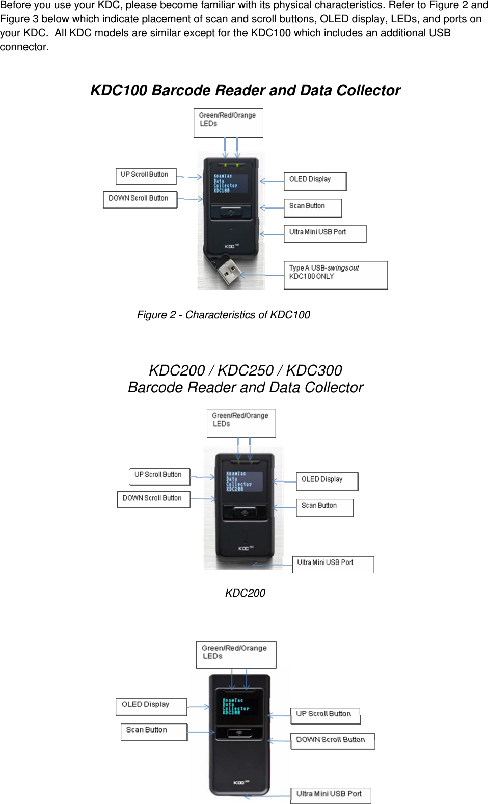Before you use your KDC, please become familiar with its physical characteristics. Refer to Figure 2 and Figure 3 below which indicate placement of scan and scroll buttons, OLED display, LEDs, and ports on your KDC.  All KDC models are similar except for the KDC100 which includes an additional USB connector.  KDC100 Barcode Reader and Data Collector     KDC200 / KDC250 / KDC300 Barcode Reader and Data Collector         KDC200     Figure 2 - Characteristics of KDC100 