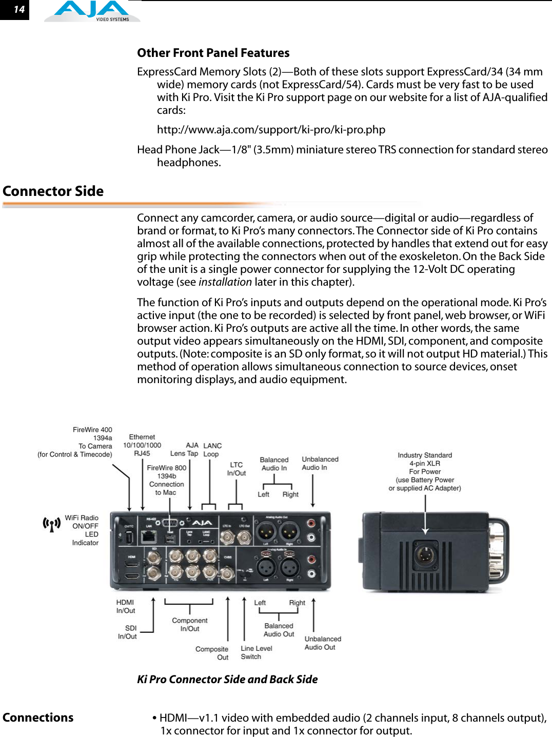 14Other Front Panel FeaturesExpressCard Memory Slots (2)—Both of these slots support ExpressCard/34 (34 mm wide) memory cards (not ExpressCard/54). Cards must be very fast to be used with Ki Pro. Visit the Ki Pro support page on our website for a list of AJA-qualified cards:        http://www.aja.com/support/ki-pro/ki-pro.phpHead Phone Jack—1/8&quot; (3.5mm) miniature stereo TRS connection for standard stereo headphones.Connector SideConnect any camcorder, camera, or audio source—digital or audio—regardless of brand or format, to Ki Pro’s many connectors. The Connector side of Ki Pro contains almost all of the available connections, protected by handles that extend out for easy grip while protecting the connectors when out of the exoskeleton. On the Back Side of the unit is a single power connector for supplying the 12-Volt DC operating voltage (see installation later in this chapter).The function of Ki Pro’s inputs and outputs depend on the operational mode. Ki Pro’s active input (the one to be recorded) is selected by front panel, web browser, or WiFi browser action. Ki Pro’s outputs are active all the time. In other words, the same output video appears simultaneously on the HDMI, SDI, component, and composite outputs. (Note: composite is an SD only format, so it will not output HD material.) This method of operation allows simultaneous connection to source devices, onset monitoring displays, and audio equipment.Ki Pro Connector Side and Back SideConnections • HDMI—v1.1 video with embedded audio (2 channels input, 8 channels output), 1x connector for input and 1x connector for output.