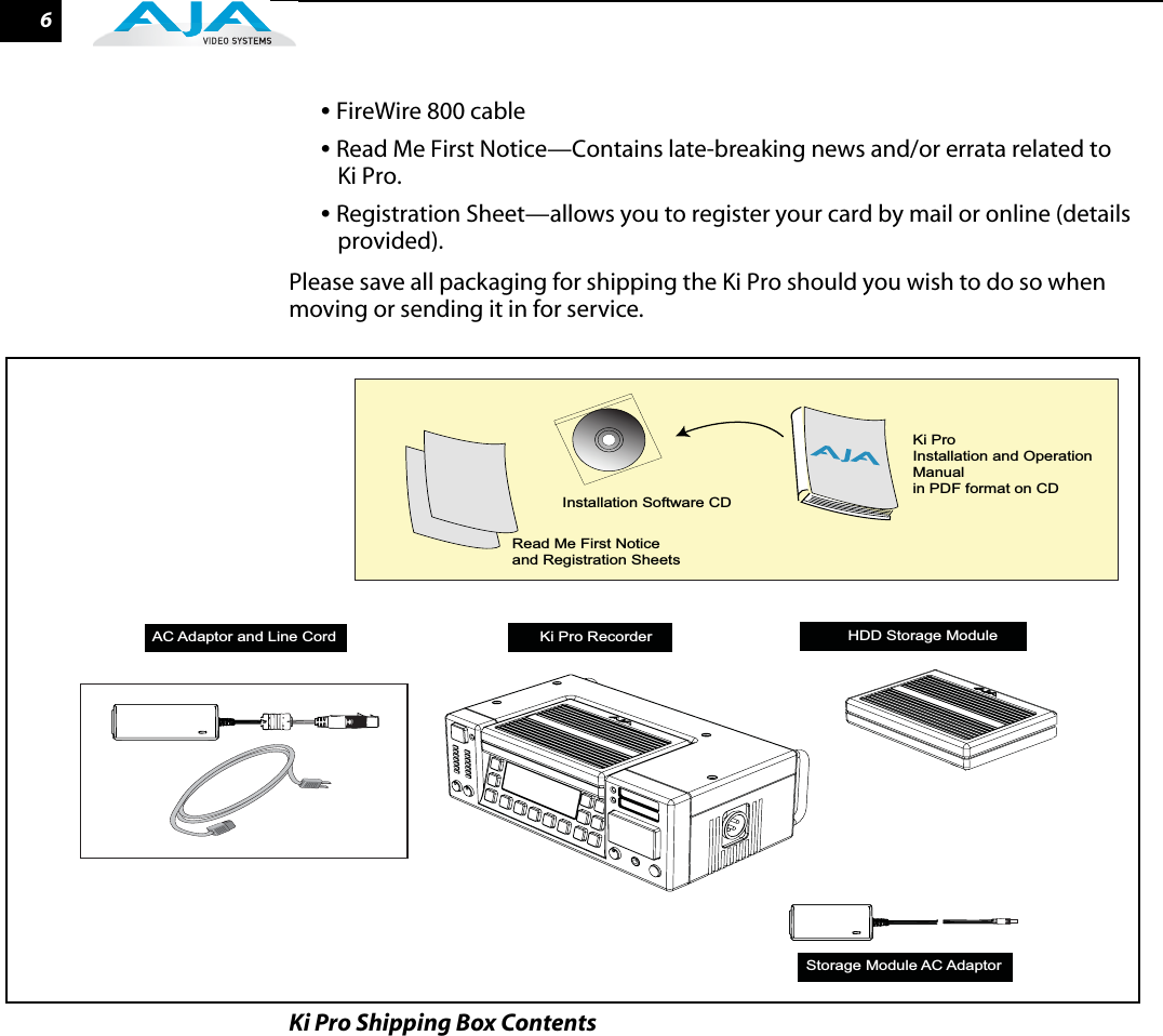  6 •  FireWire 800 cable •  Read Me First Notice—Contains late-breaking news and/or errata related to Ki Pro.  •  Registration Sheet—allows you to register your card by mail or online (details provided).Please save all packaging for shipping the Ki Pro should you wish to do so when moving or sending it in for service. Ki Pro Shipping Box ContentsInstallation Software CDRead Me First Noticeand Registration SheetsKi Pro RecorderAC Adaptor and Line CordStorage Module AC AdaptorHDD Storage Module Ki ProInstallation and OperationManualin PDF format on CD